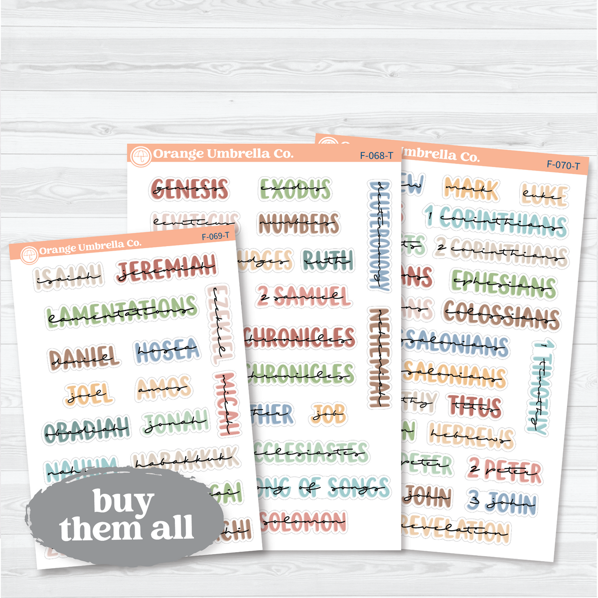 All Sheets bundle of Large Books of the Bible stickers in Tranquility with 67 Old and New Testament book headings for faith journals.