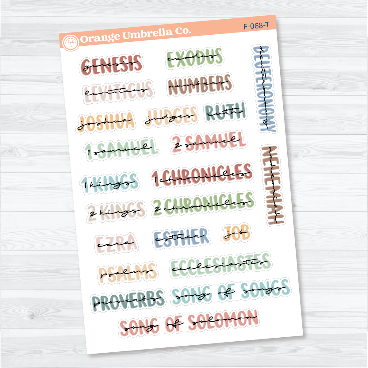Large Old Testament Books of the Bible Sheet 1 stickers in Tranquility with layered uppercase and script lettering for faith journals.