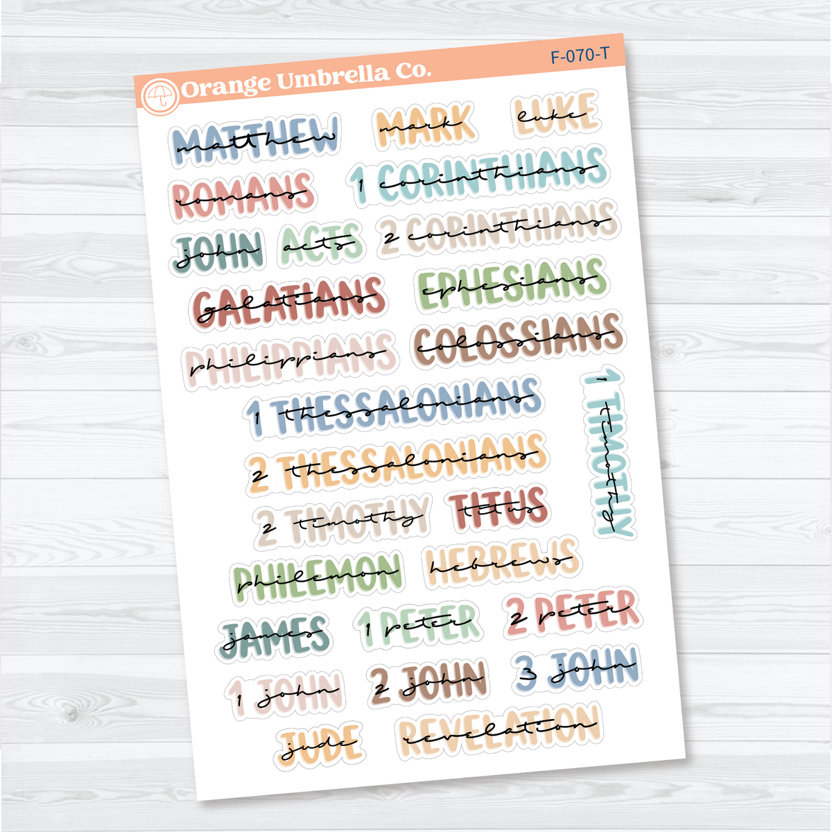 Large New Testament Books of the Bible Sheet 3 stickers in Tranquility with layered uppercase and script lettering for faith journals.