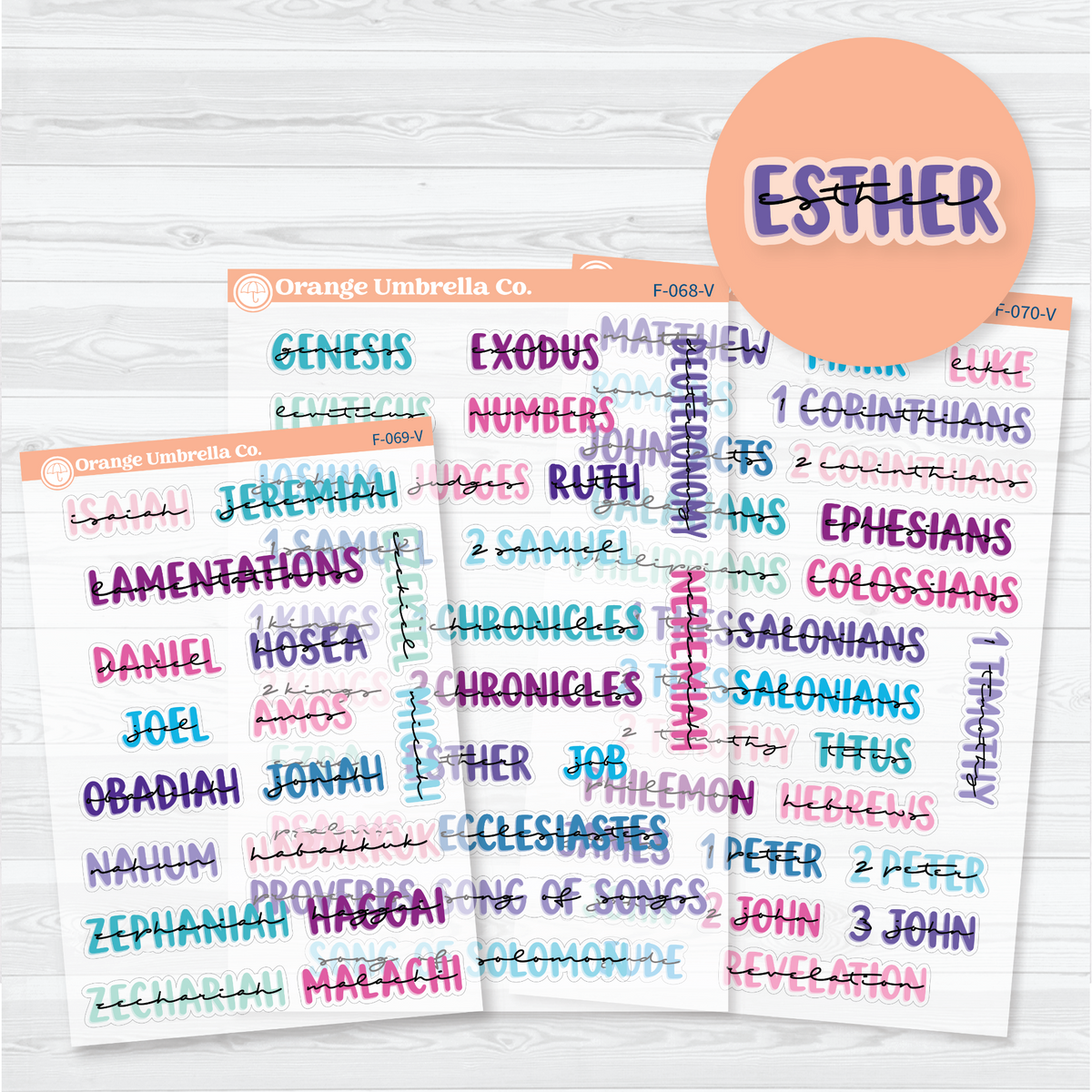 Clear matte Three-sheet Large Books of the Bible sticker set in Vibrant with layered uppercase and script lettering for Old and New Testament faith journal headings.