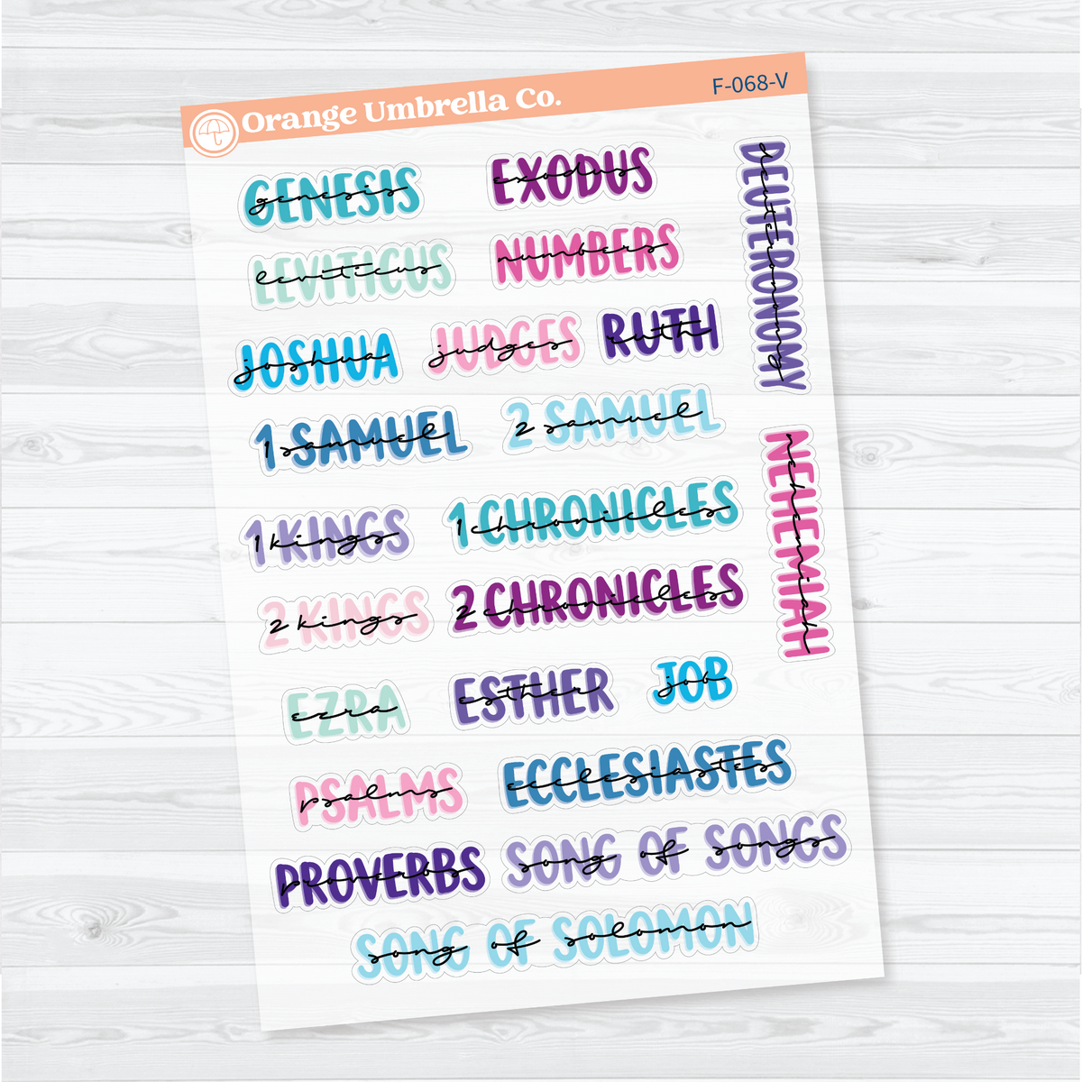 Clear matte Large Old Testament Books of the Bible Sheet 1 stickers in Vibrant with layered uppercase and script lettering for faith journals.