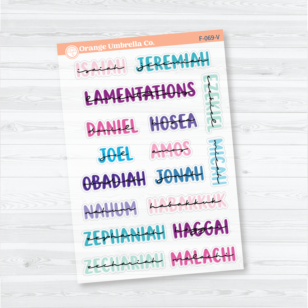 Clear matte Large Old Testament Books of the Bible Sheet 2 stickers in Vibrant with layered uppercase and script lettering for faith journals.