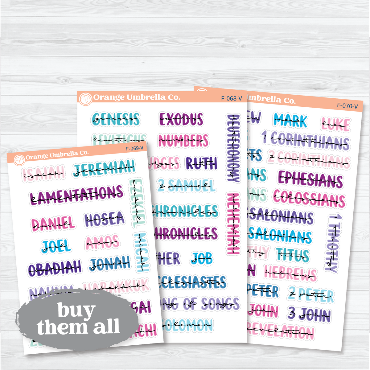 All Sheets bundle of Large Books of the Bible stickers in Vibrant with 67 Old and New Testament book headings for faith journals.