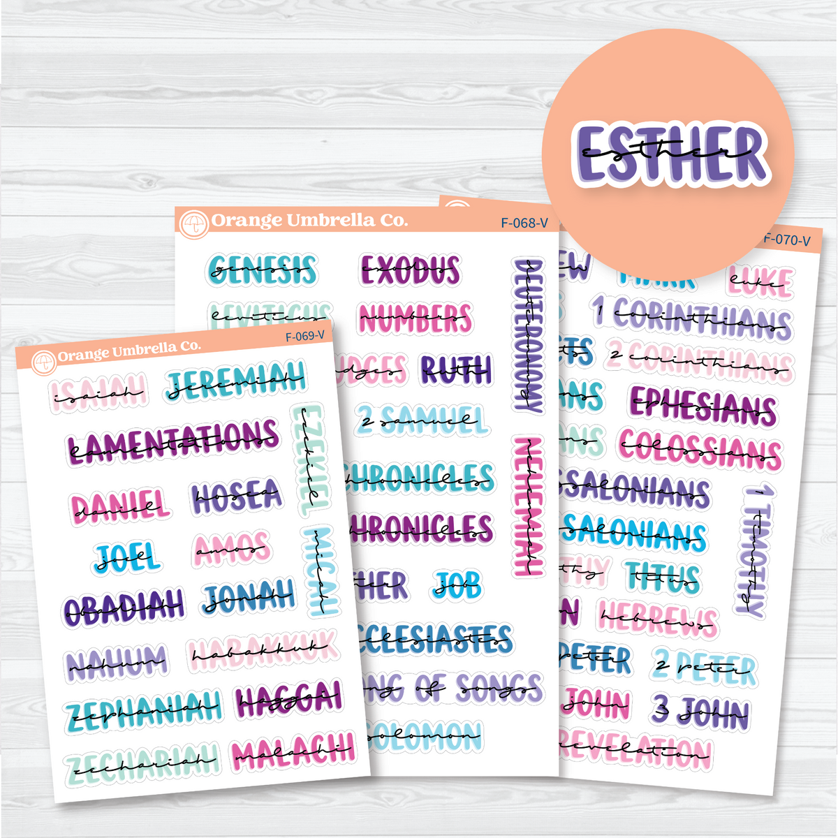 Three-sheet Large Books of the Bible sticker set in Vibrant with layered uppercase and script lettering for Old and New Testament faith journal headings.