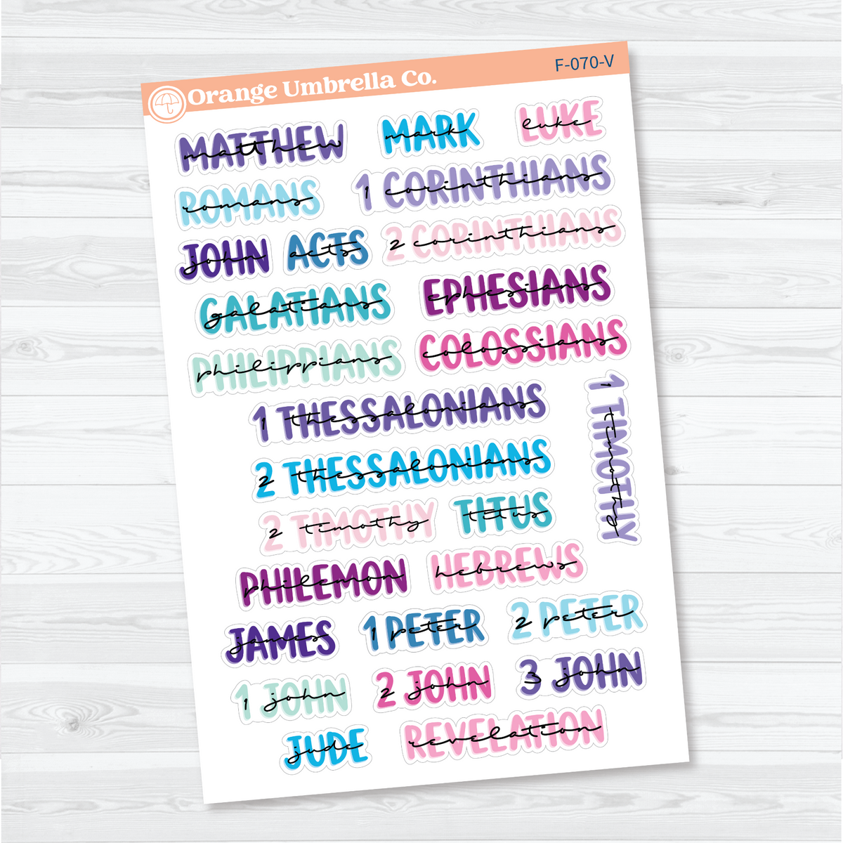 Large New Testament Books of the Bible Sheet 3 stickers in Vibrant with layered uppercase and script lettering for faith journals.