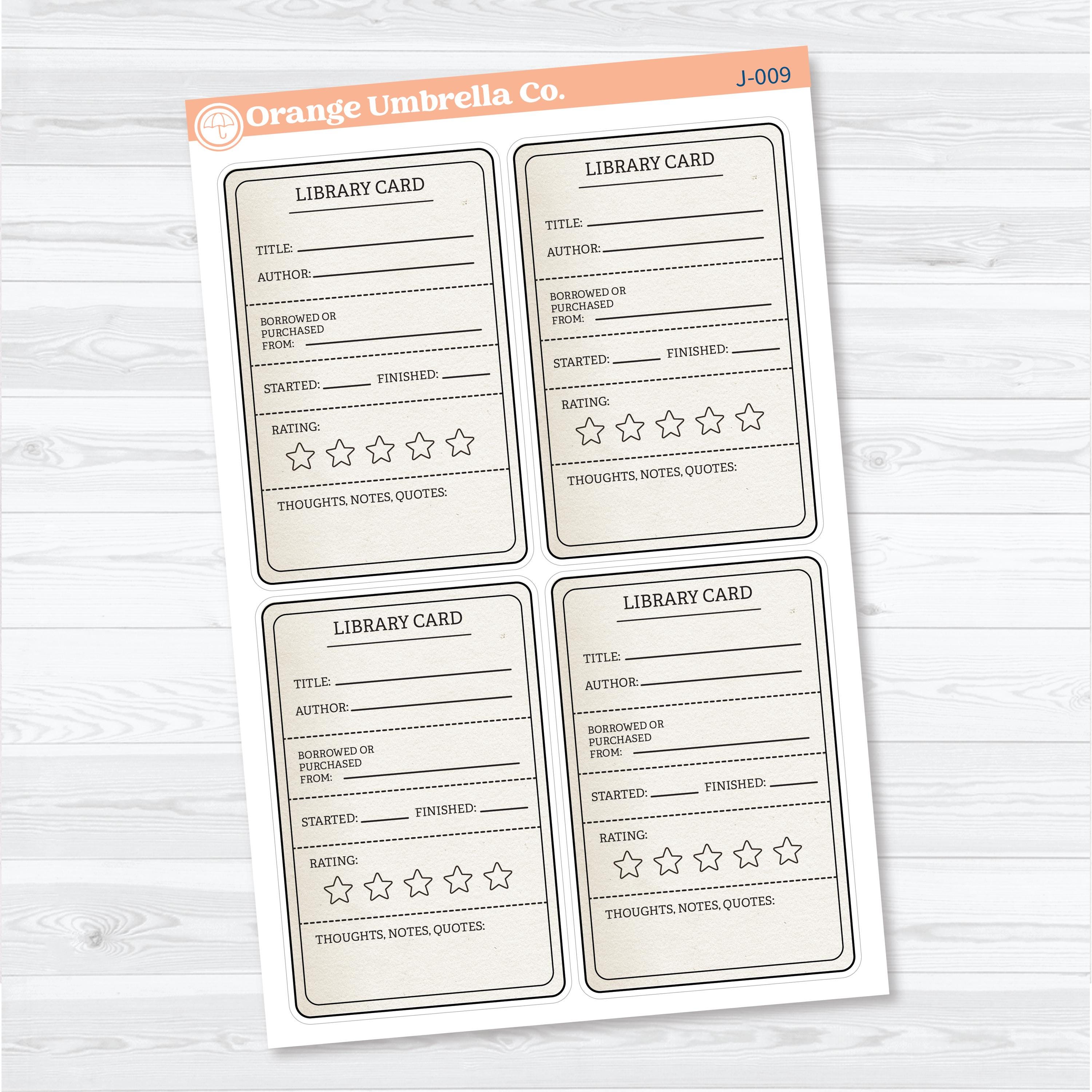  Library card book review planner stickers for reading journals featuring spaces for title, author, borrowed or purchased from, reading dates, star rating, and notes on removable white matte sticker paper.
