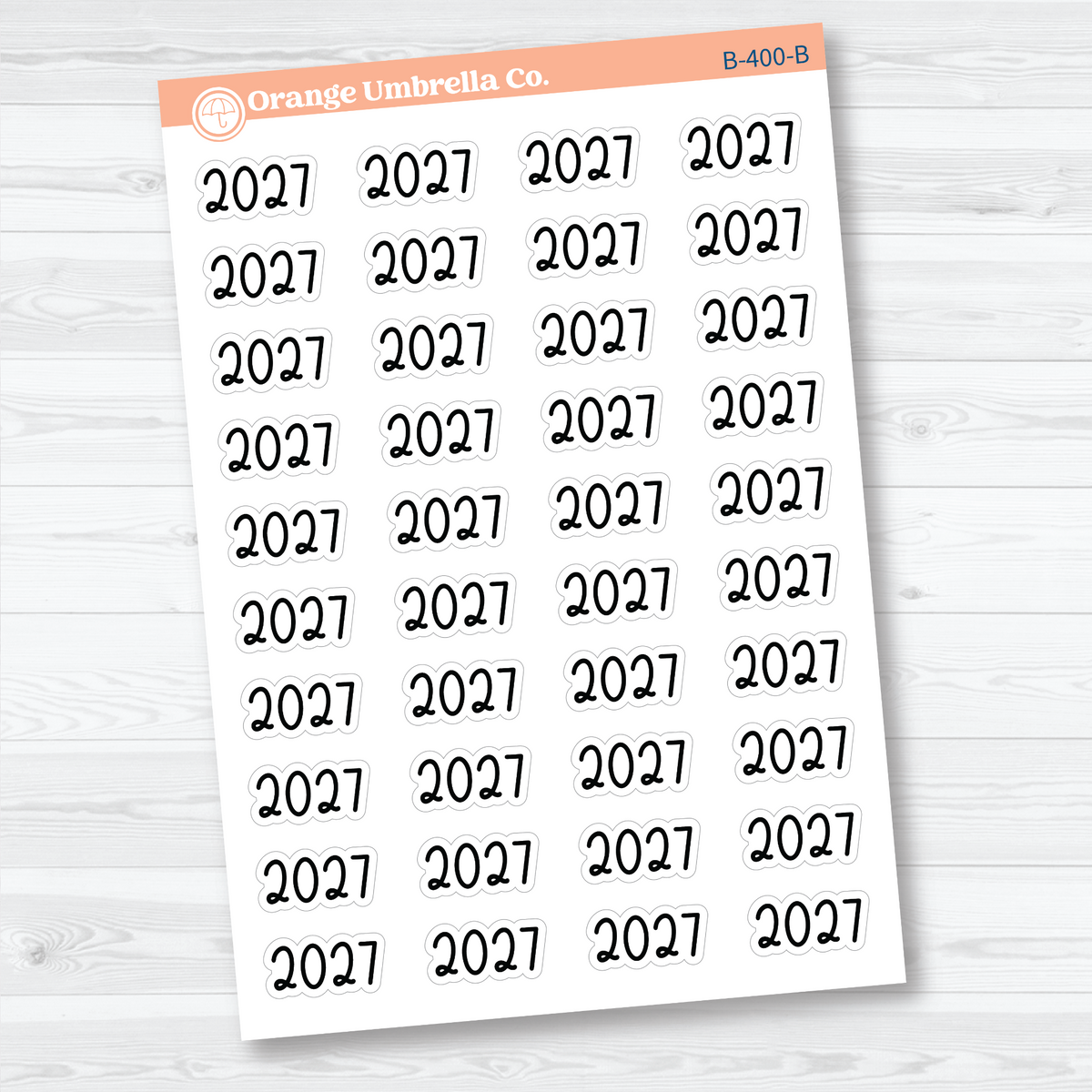 Sheet of 40 medium black 2027 year label stickers on white matte paper for planners and journals.