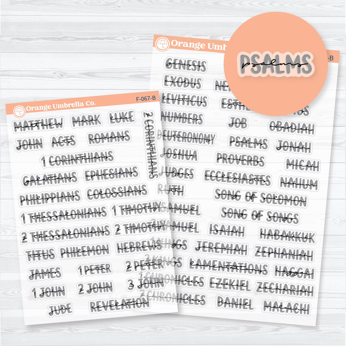 Clear matte layered Medium Books of the Bible planner stickers in multiple colorways with Old and New Testament sheets for Bible study.
