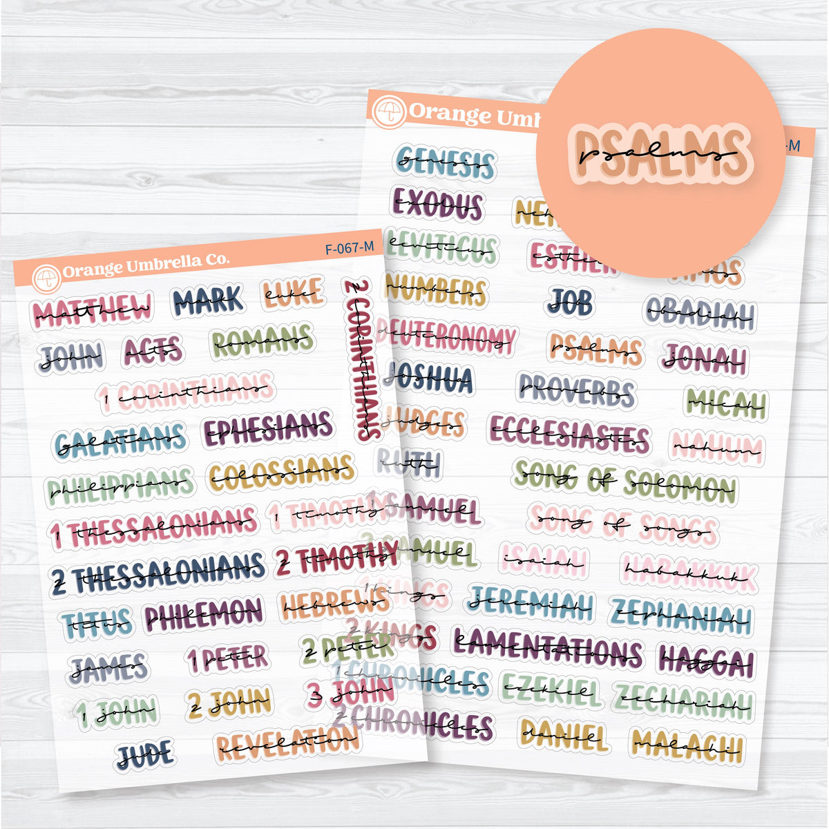 Clear matte layered Medium Books of the Bible planner stickers in multiple colorways with Old and New Testament sheets for Bible study.
