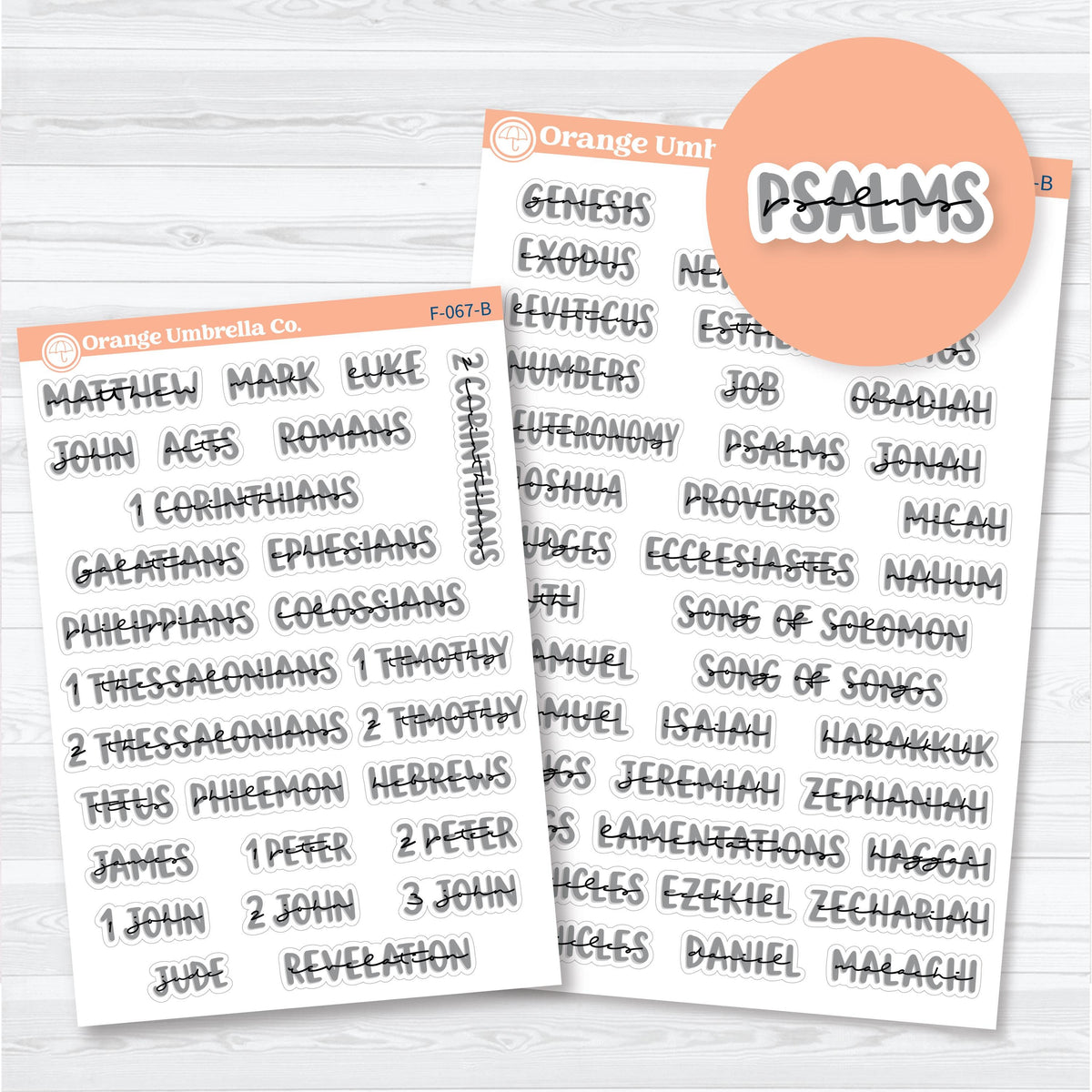 Layered Medium Books of the Bible planner stickers in multiple colorways with separate Old Testament and New Testament sheets for Bible study.
