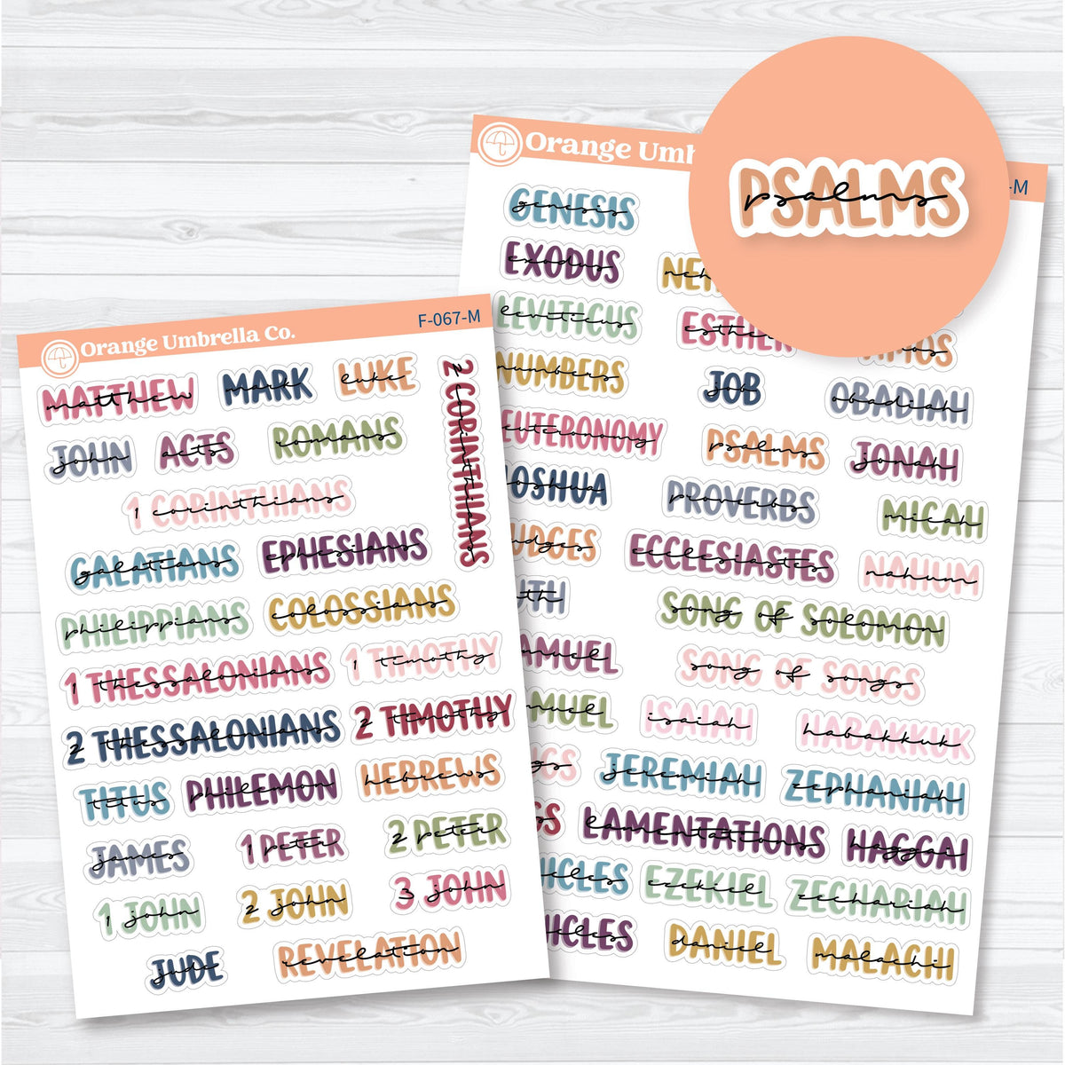 Layered Medium Books of the Bible planner stickers in multiple colorways with separate Old Testament and New Testament sheets for Bible study.
