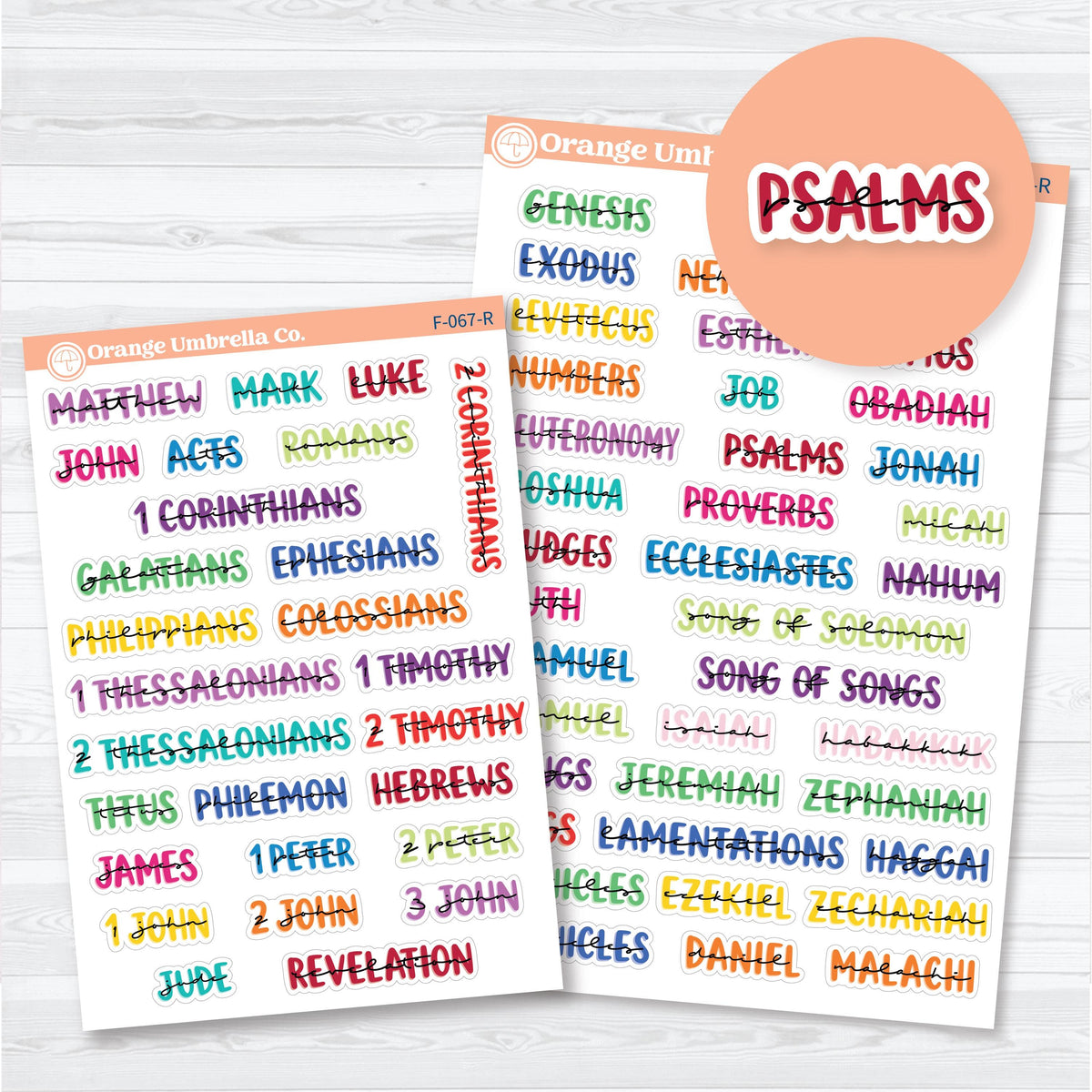 Layered Medium Books of the Bible planner stickers in multiple colorways with separate Old Testament and New Testament sheets for Bible study.