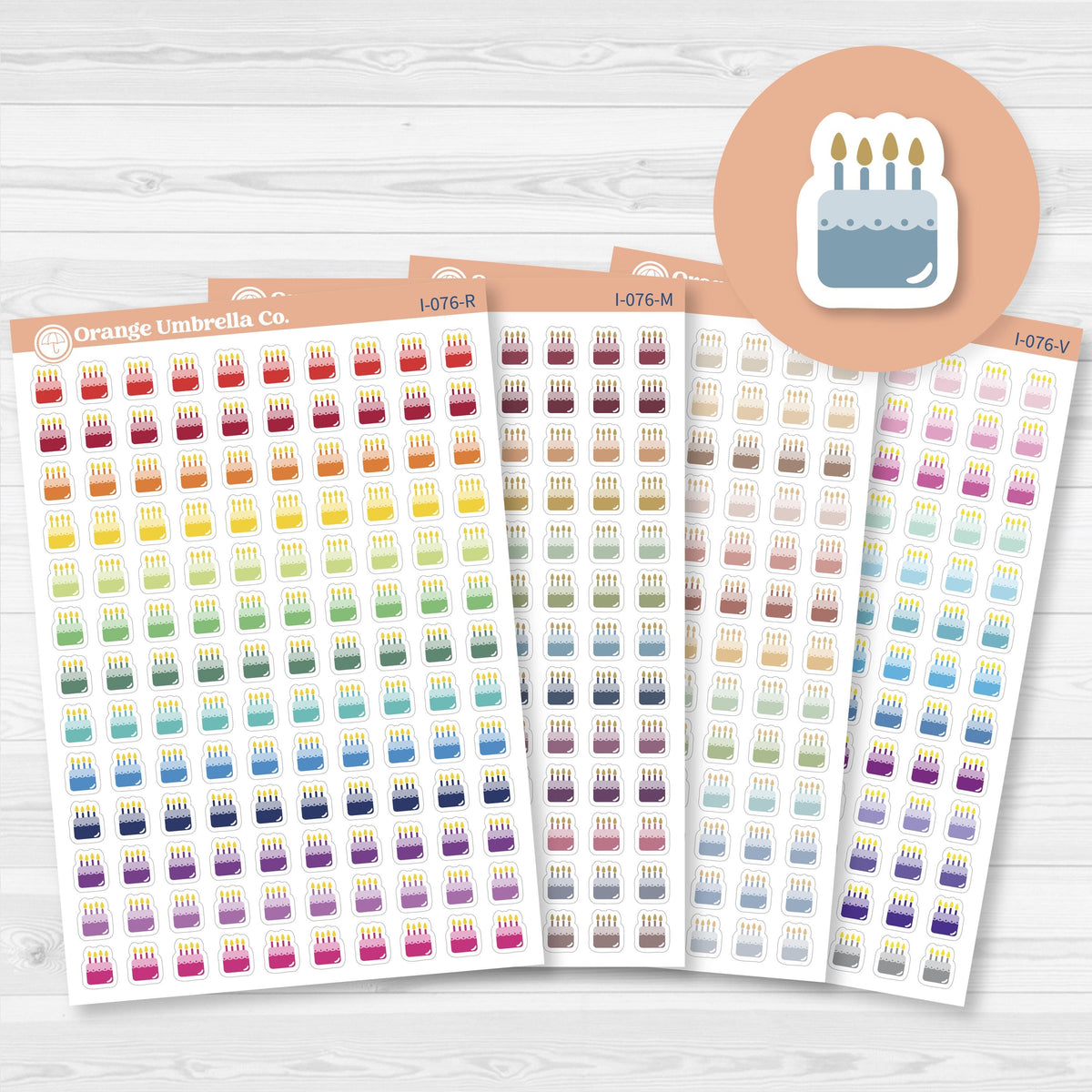 Colorful micro birthday cake icon planner stickers with four candles for marking birthdays, parties, and celebrations.