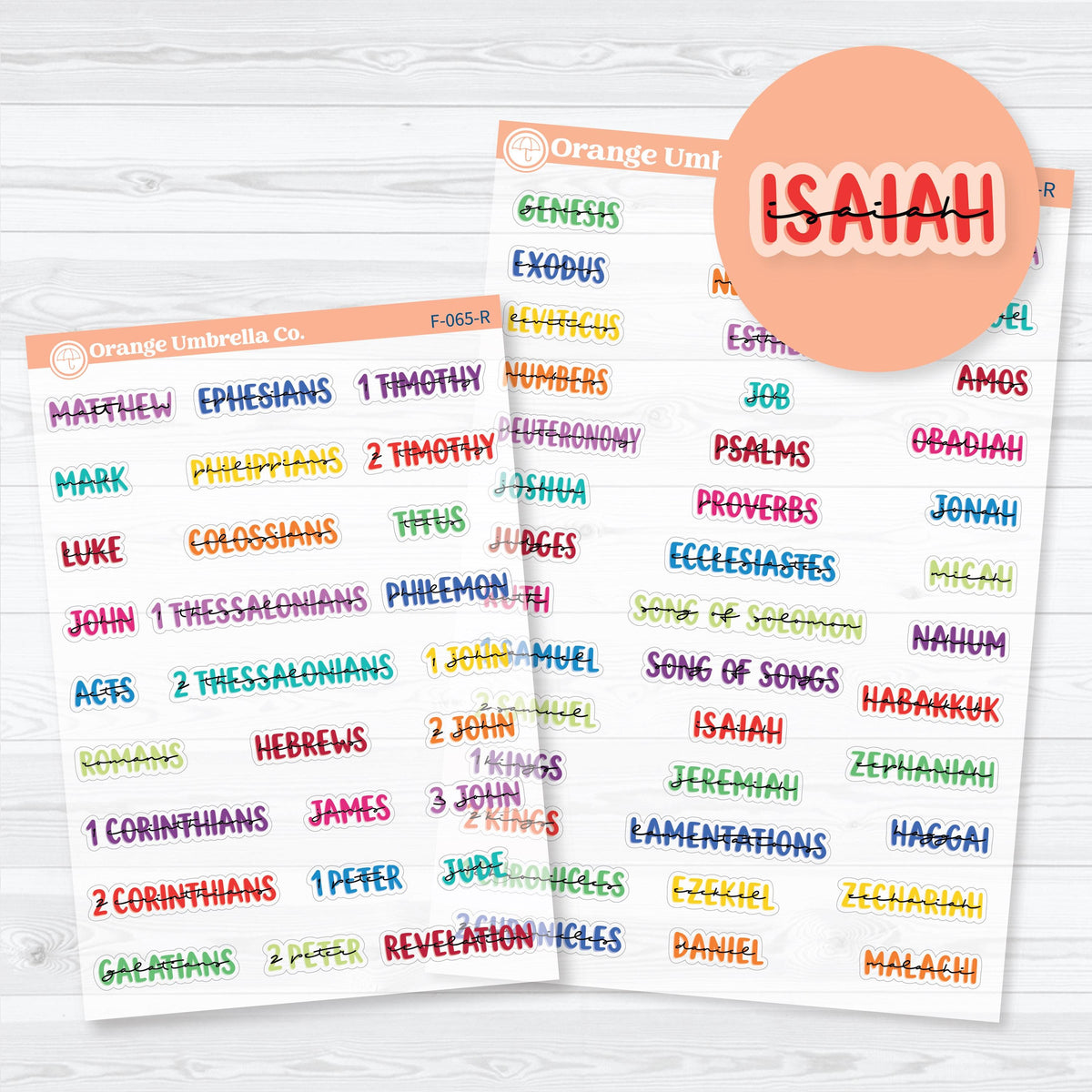 Clear matte layered Mini Books of the Bible planner stickers in multiple colorways, with Old Testament and New Testament sheets for faith journaling.

