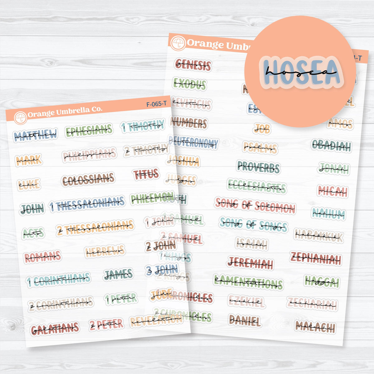 Clear matte layered Mini Books of the Bible planner stickers in multiple colorways, with Old Testament and New Testament sheets for faith journaling.