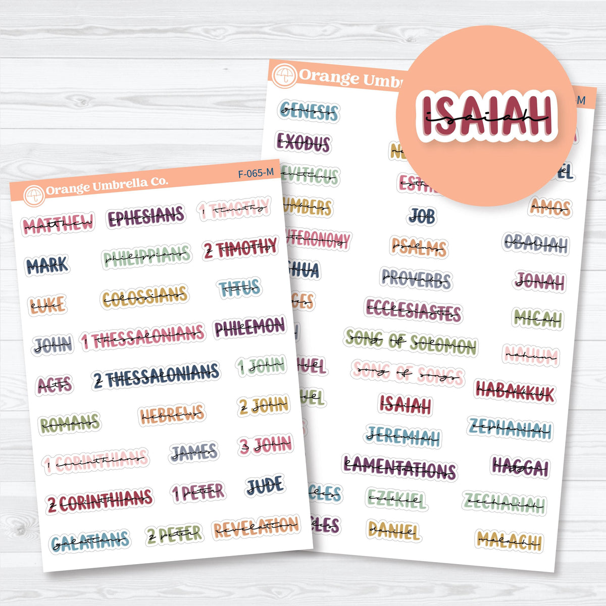 Layered Mini Books of the Bible planner stickers in multiple colorways, with separate Old Testament and New Testament sheets for faith journaling and Bible study.
