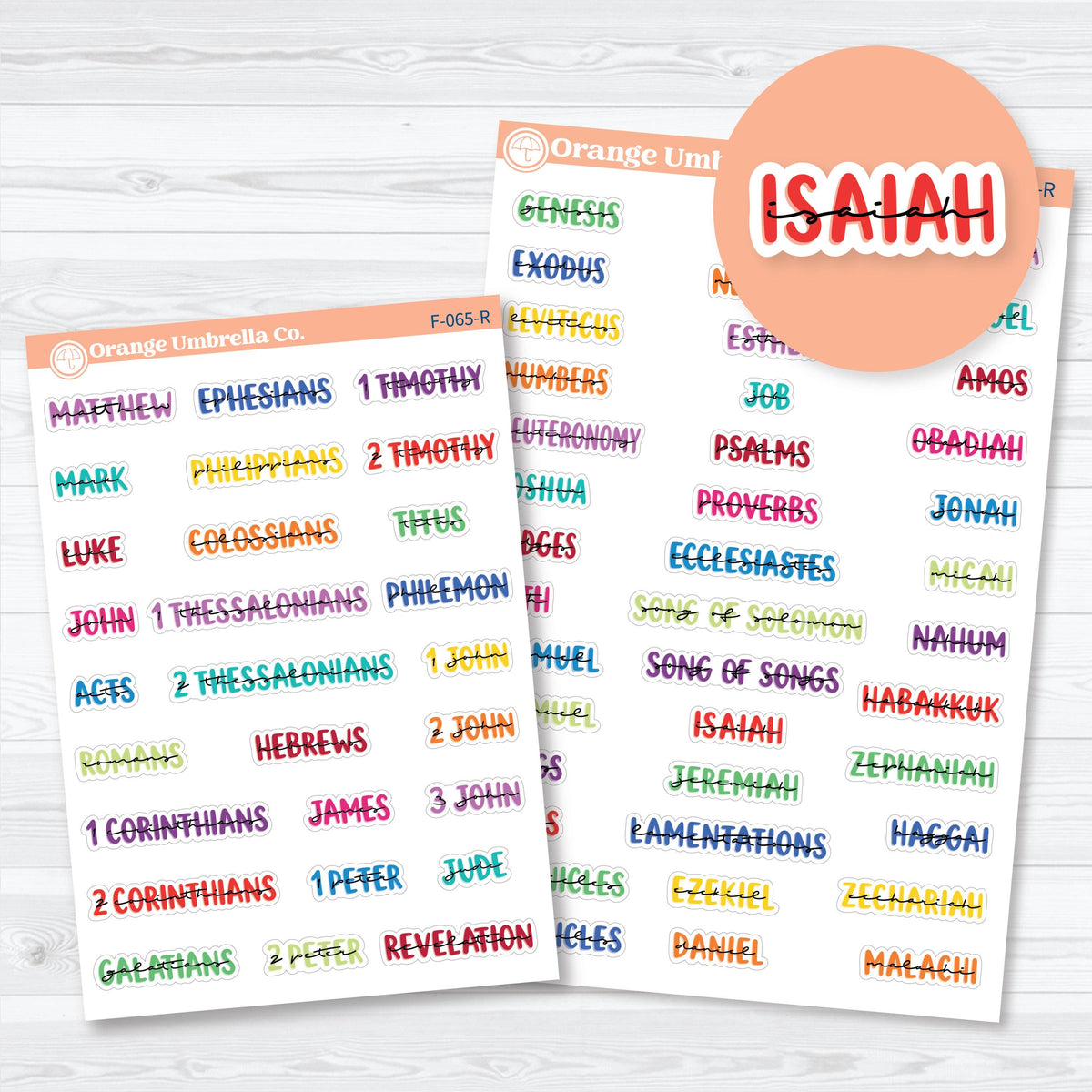 Layered Mini Books of the Bible planner stickers in multiple colorways, with separate Old Testament and New Testament sheets for faith journaling and Bible study.