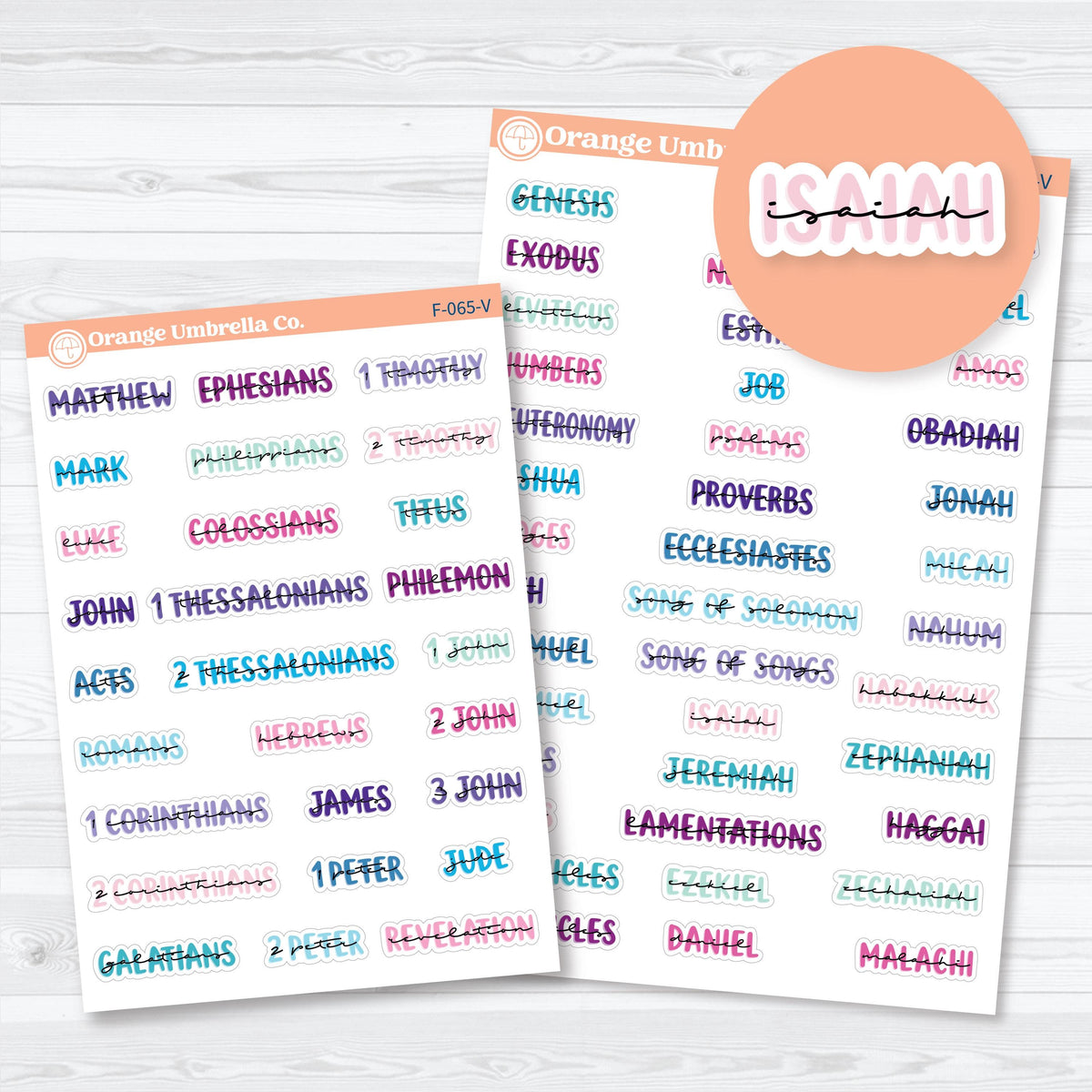 Layered Mini Books of the Bible planner stickers in multiple colorways, with separate Old Testament and New Testament sheets for faith journaling and Bible study.
