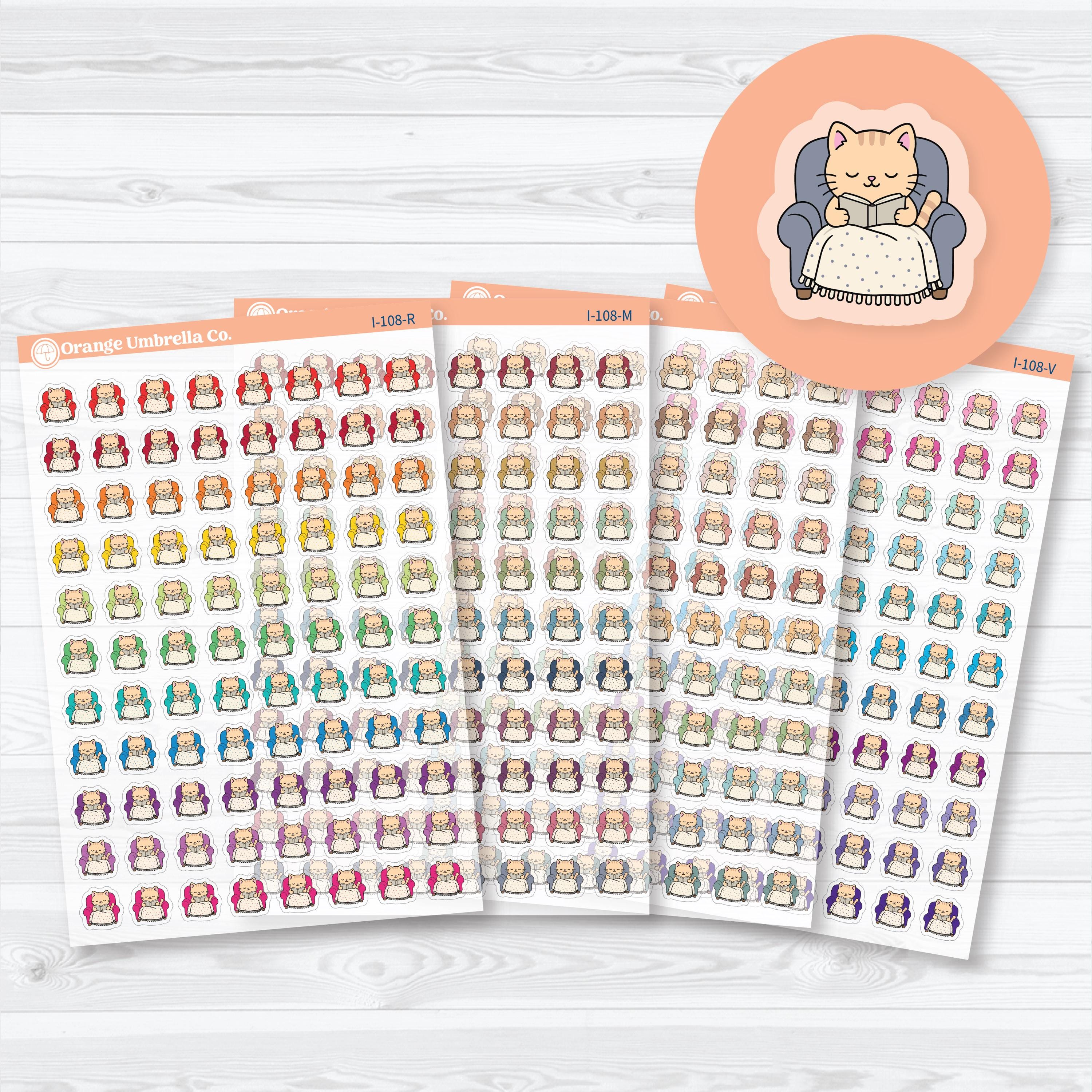 Mini Cozy Reading Spazz clear matte reading planner stickers featuring a cute cat reading in a cozy chair for reading journals, planners, book trackers, and library planning.
