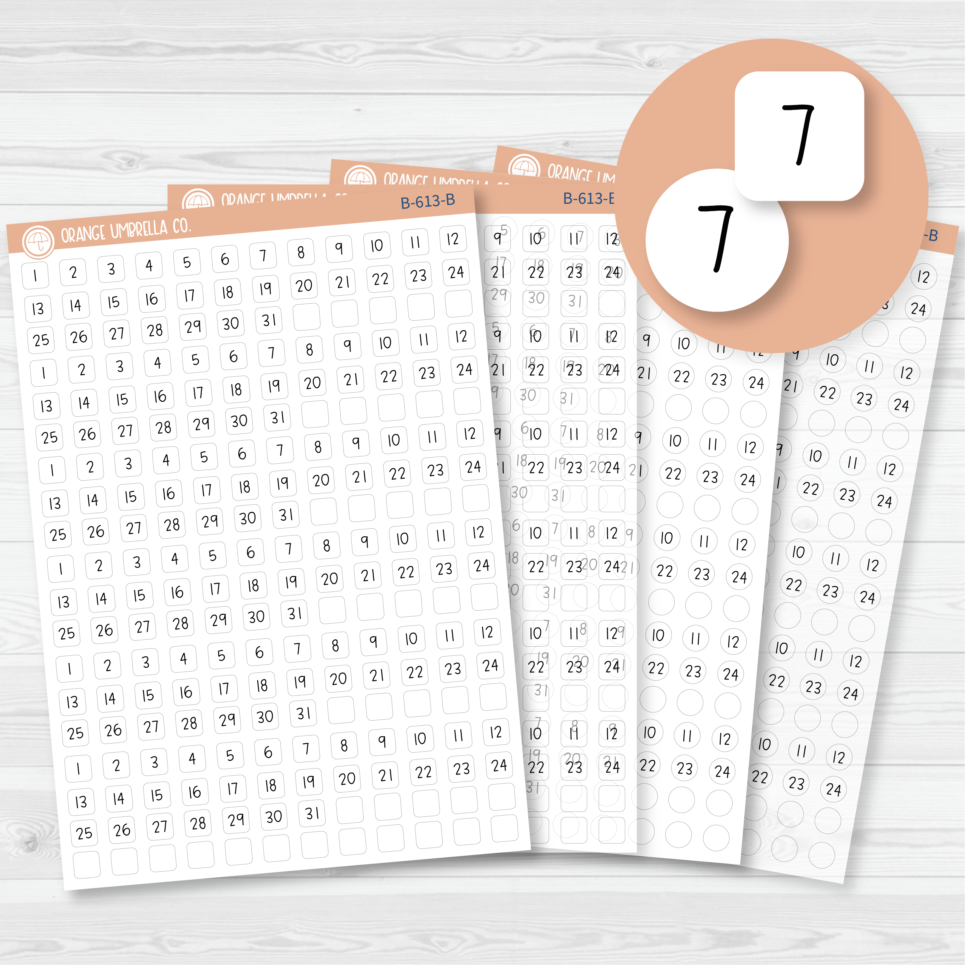 Mini date dot cover planner stickers with monthly number covers in white matte and clear matte options by Orange Umbrella Co