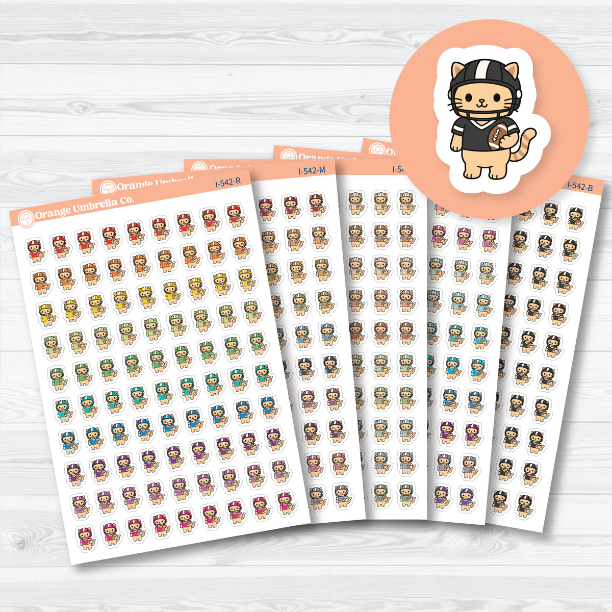 Mini football Spazz white matte sticker sheets showing an orange cat in a football helmet holding a football, with five color choices for sports planning.