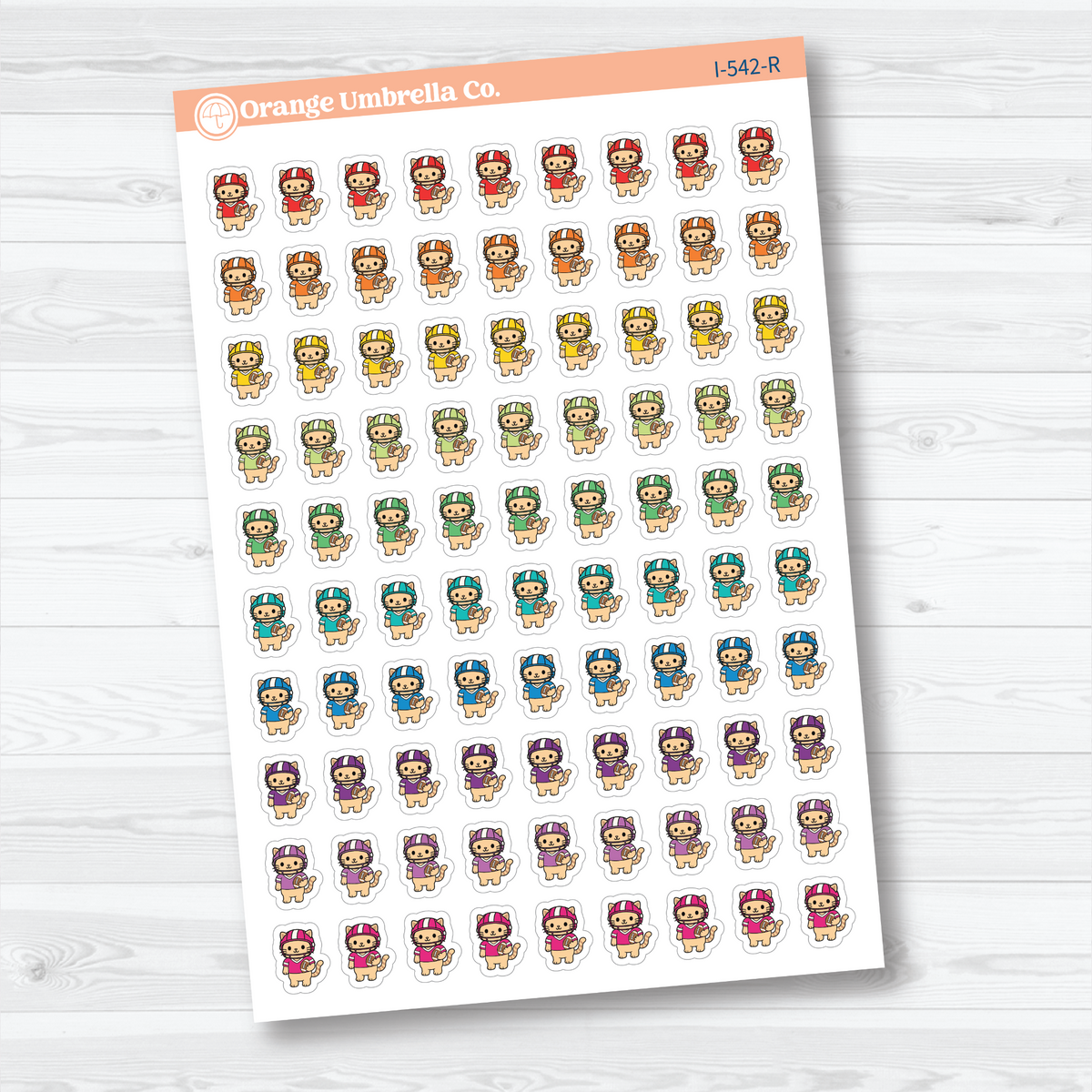Rainbow mini football Spazz white matte stickers showing an orange cat wearing a football helmet and holding a football for marking practices and games.