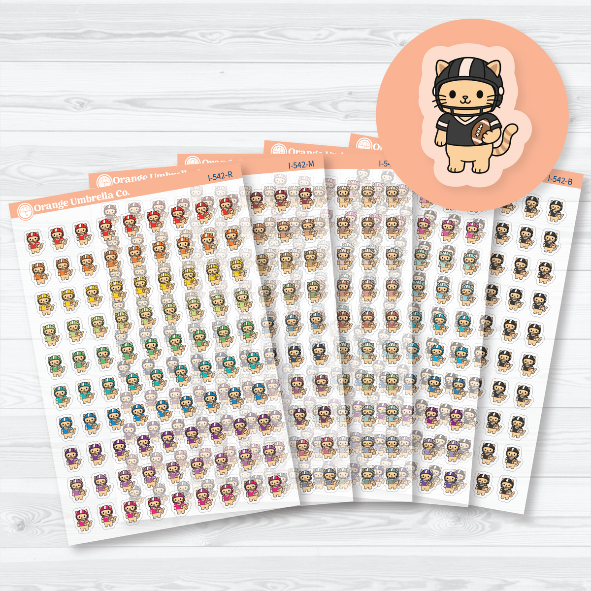 Mini football Spazz clear matte sticker sheets showing an orange cat in a football helmet holding a football, with five color choices for sports planning.