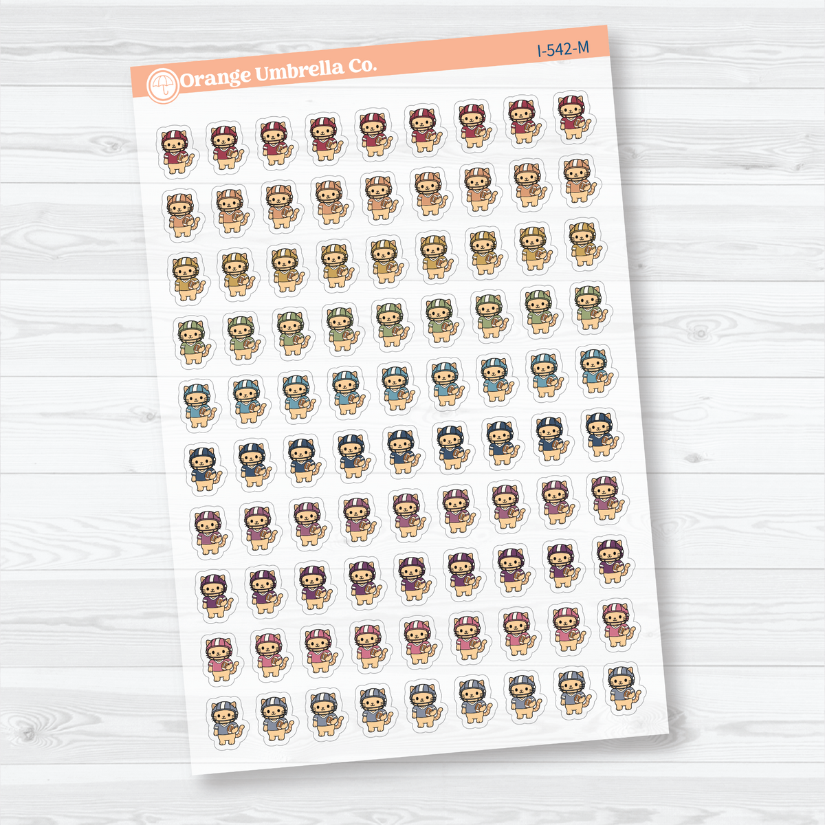 Muted Rainbow mini football Spazz clear matte stickers showing an orange cat wearing a football helmet and holding a football for marking practices and games.