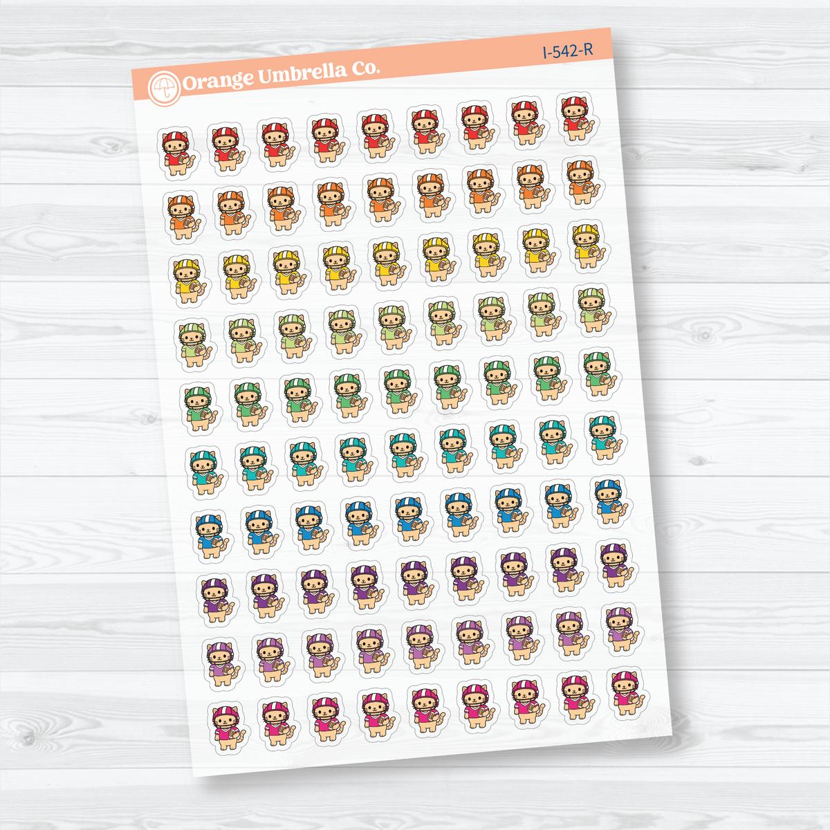 Rainbow mini football Spazz clear matte stickers showing an orange cat wearing a football helmet and holding a football for marking practices and games.