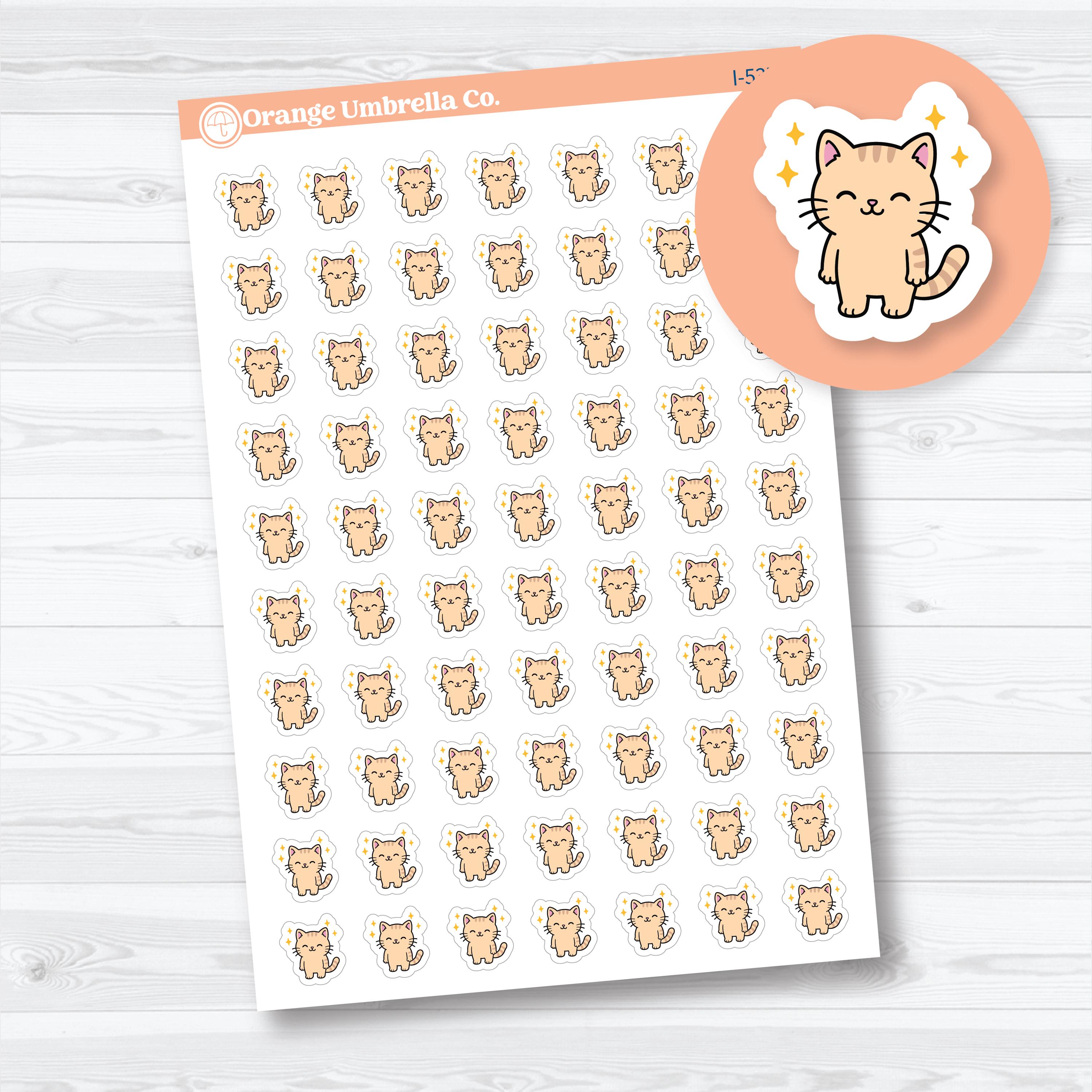 Mini Happy Spazz cat planner stickers on removable white matte sticker paper featuring cute orange cat icon stickers for planners and journals.
