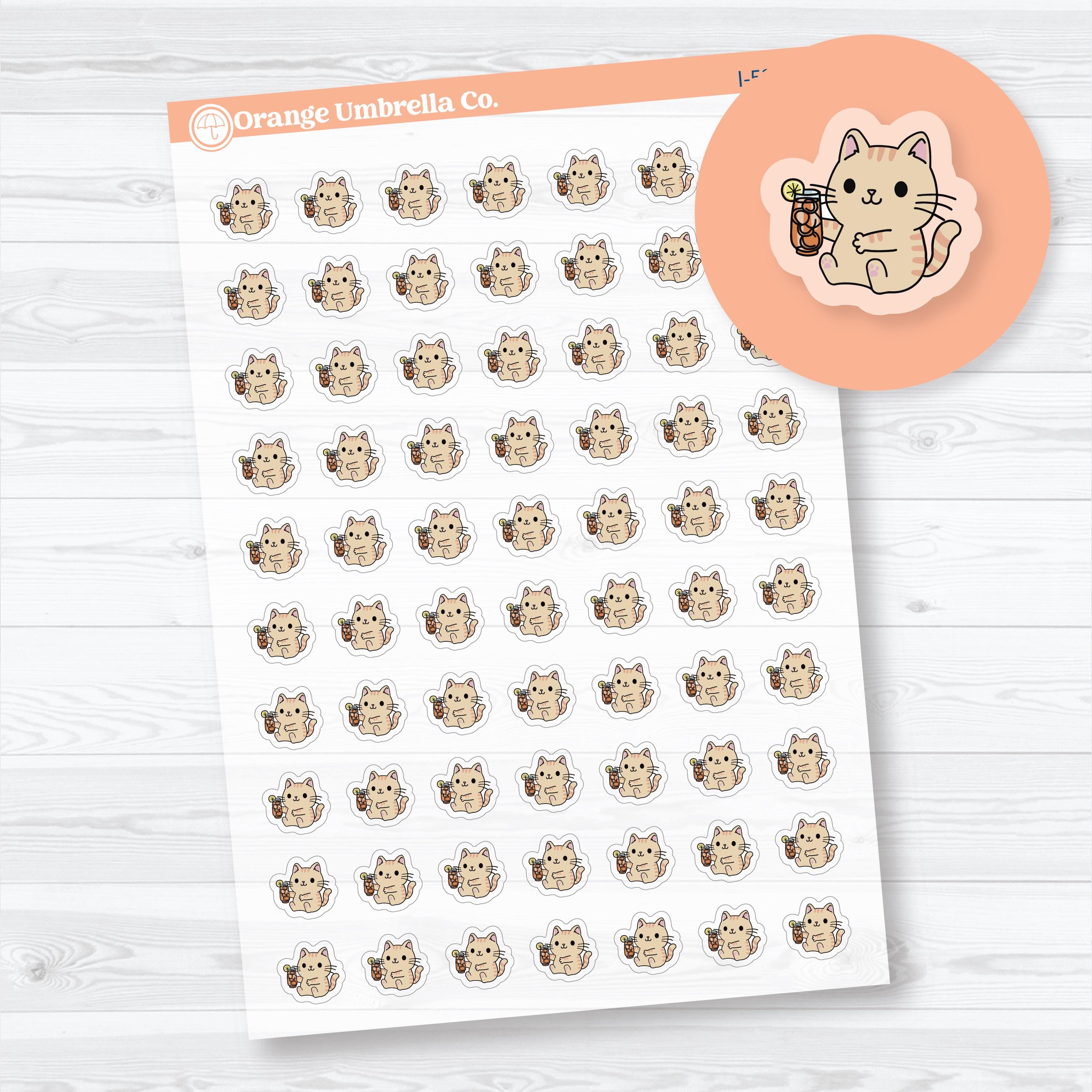 Clear matte mini iced tea Spazz planner stickers with cute cat drink icons for planners, journals, and cozy functional spreads by Orange Umbrella Co