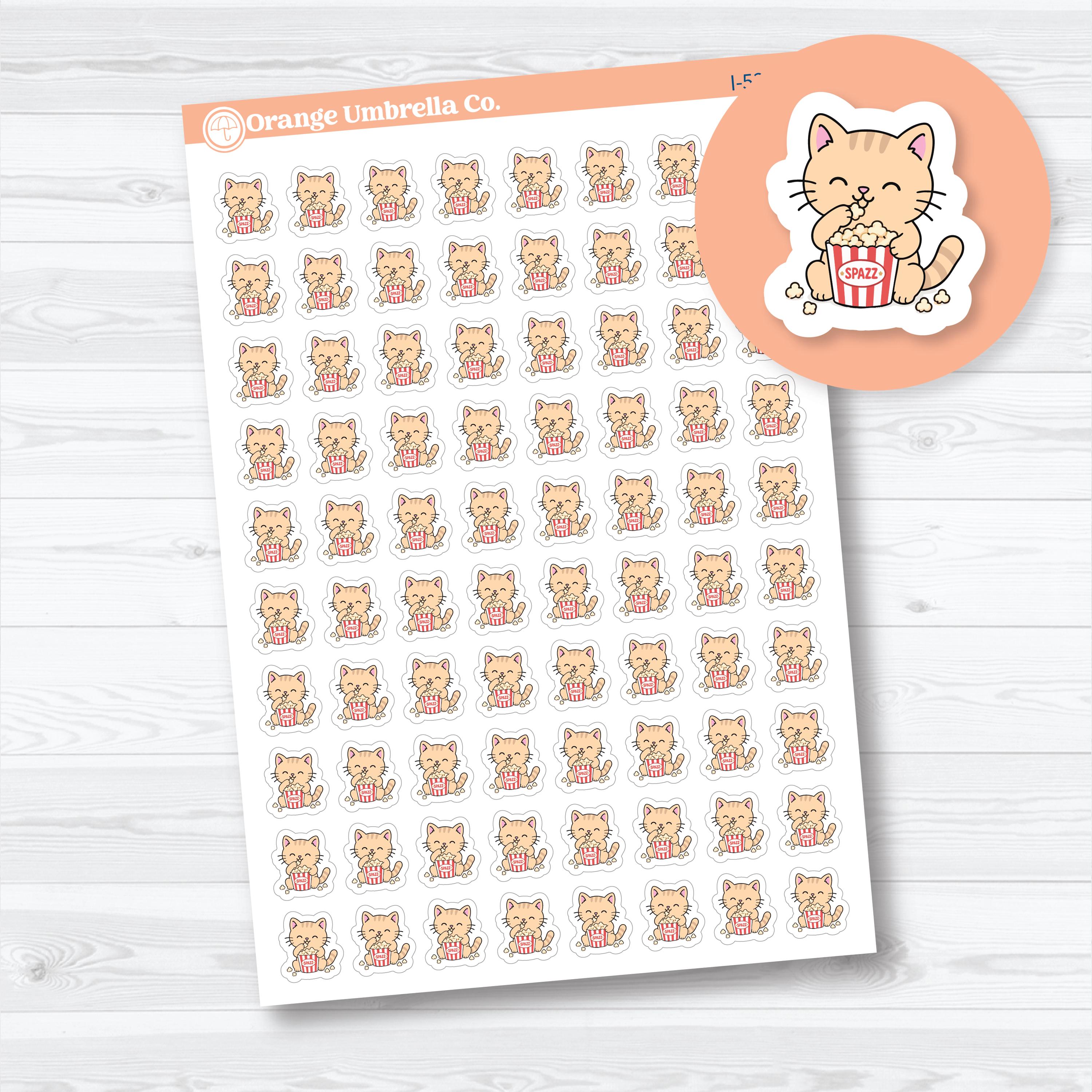  Mini Popcorn Movie Night Spazz cat planner stickers on removable white matte sticker paper featuring movie night, popcorn, and TV tracking icons.