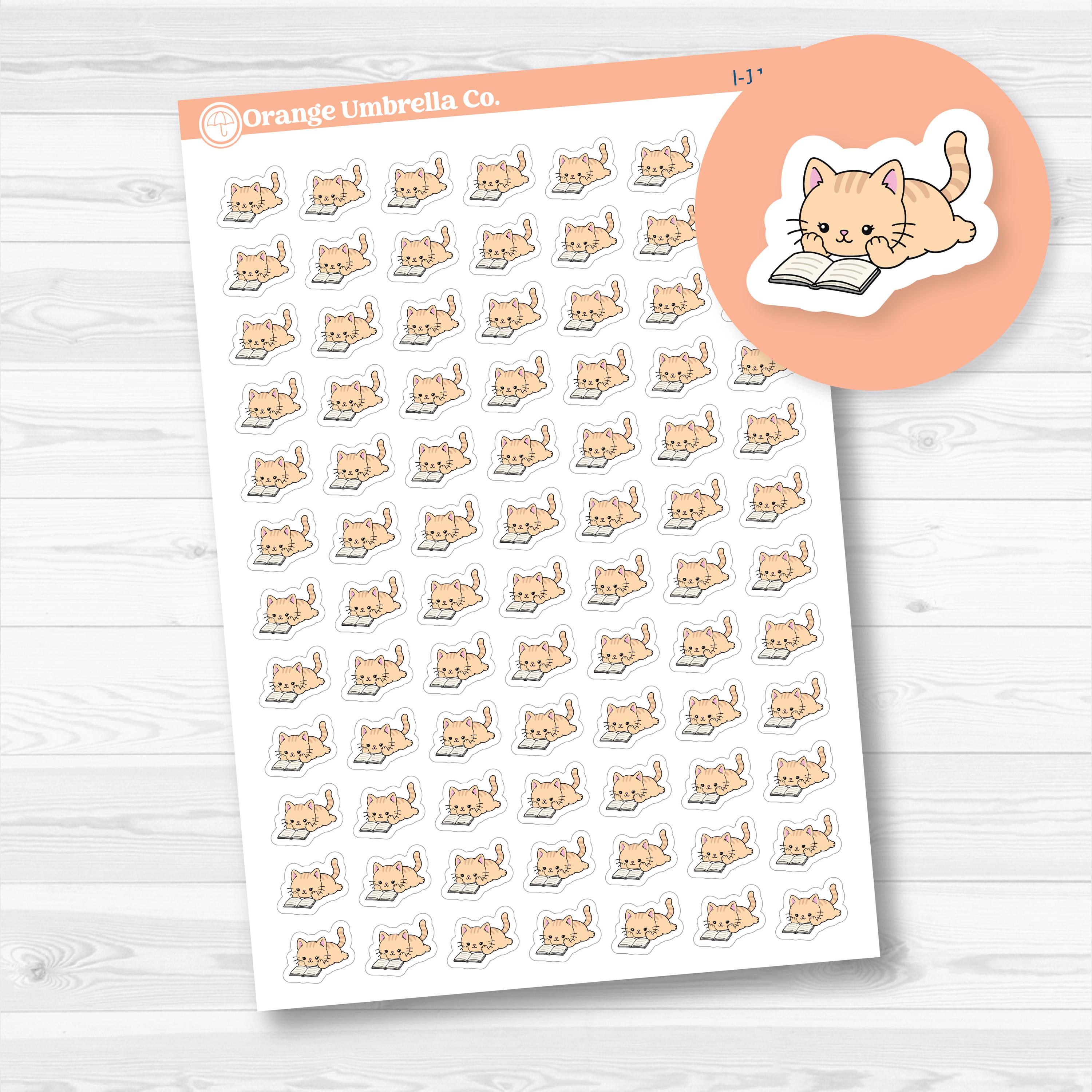 Mini Relaxing Reading Spazz planner stickers featuring a cute cat lying on its belly while reading a book for planners, reading journals, and book trackers.
