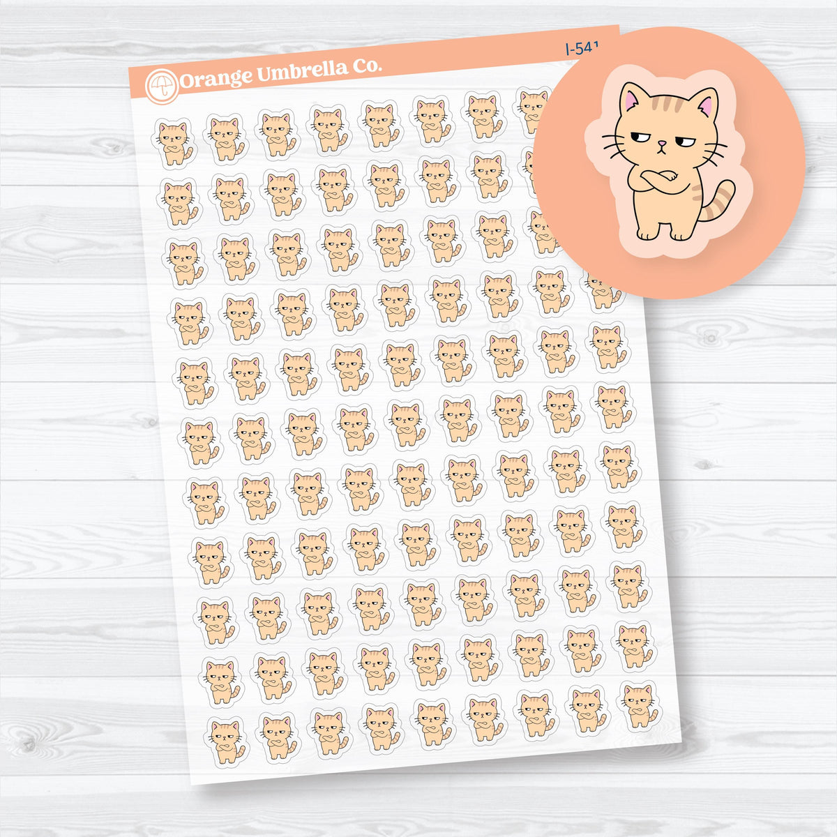 Clear matte Mini Side Eye Spazz orange cat planner stickers showing a sassy reaction expression for plans, moods, and funny moments.
