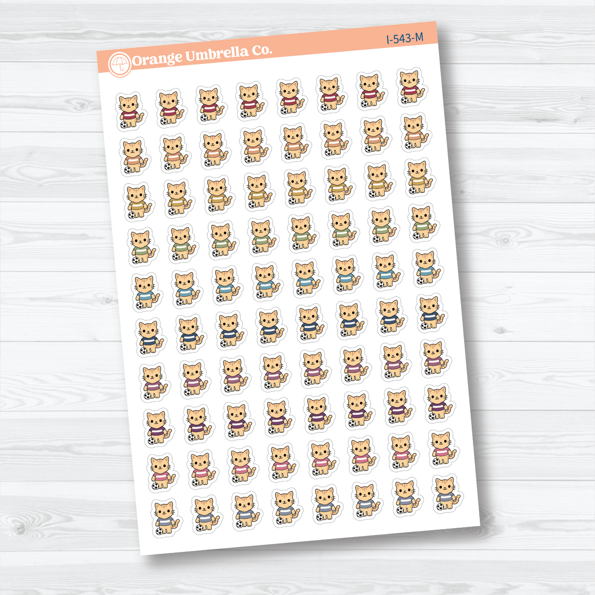 Muted Rainbow mini soccer Spazz white matte stickers showing an orange cat beside a soccer ball for marking practices and games.