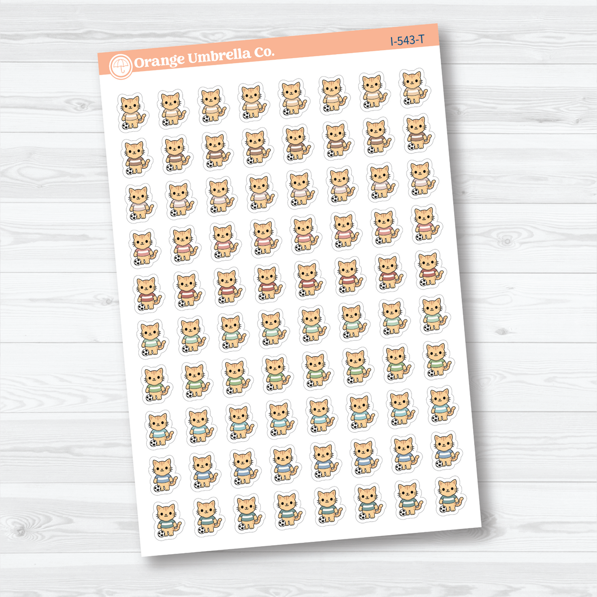 Tranquility mini soccer Spazz white matte stickers showing an orange cat beside a soccer ball for marking practices and games.