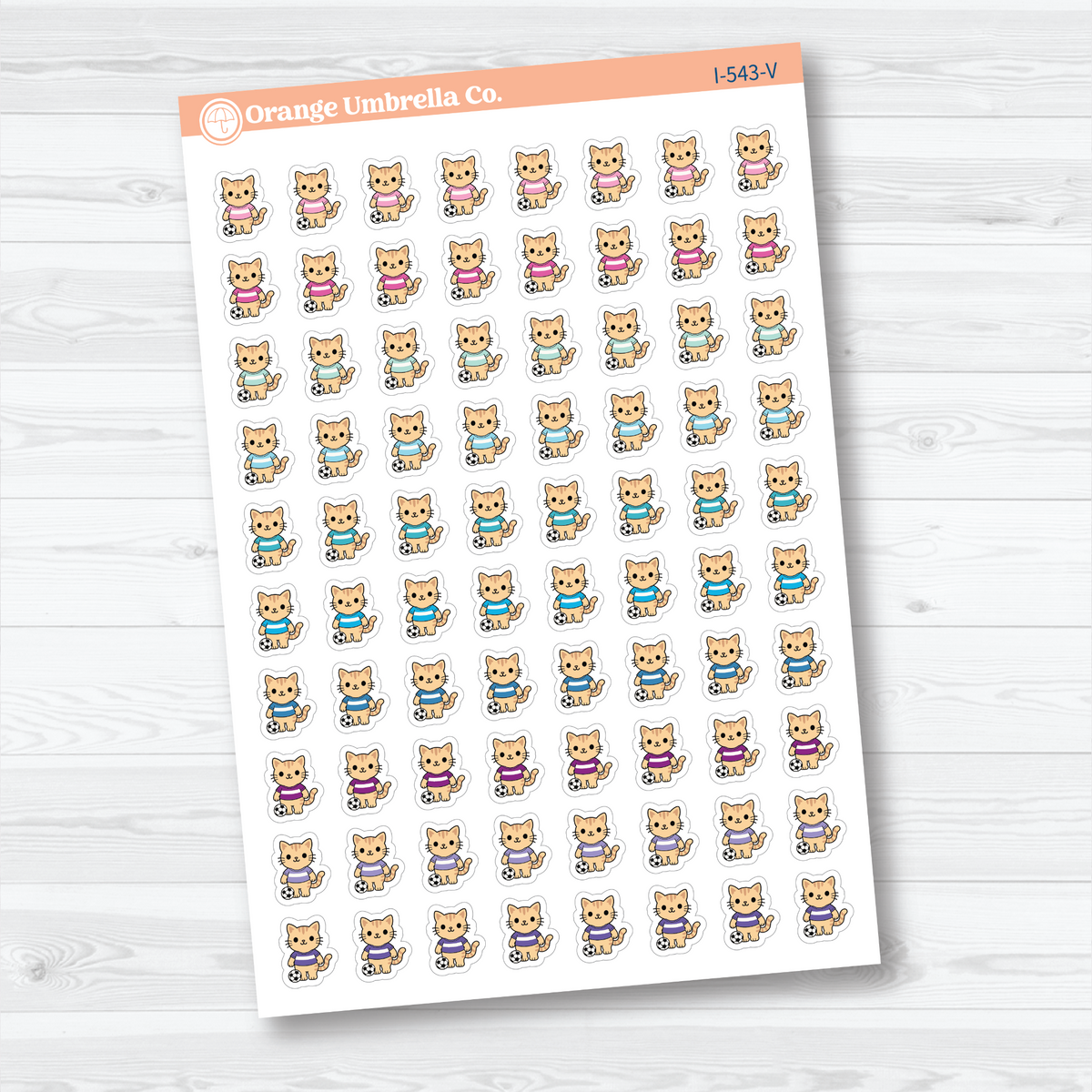 Vibrant mini soccer Spazz white matte stickers showing an orange cat beside a soccer ball for marking practices and games.