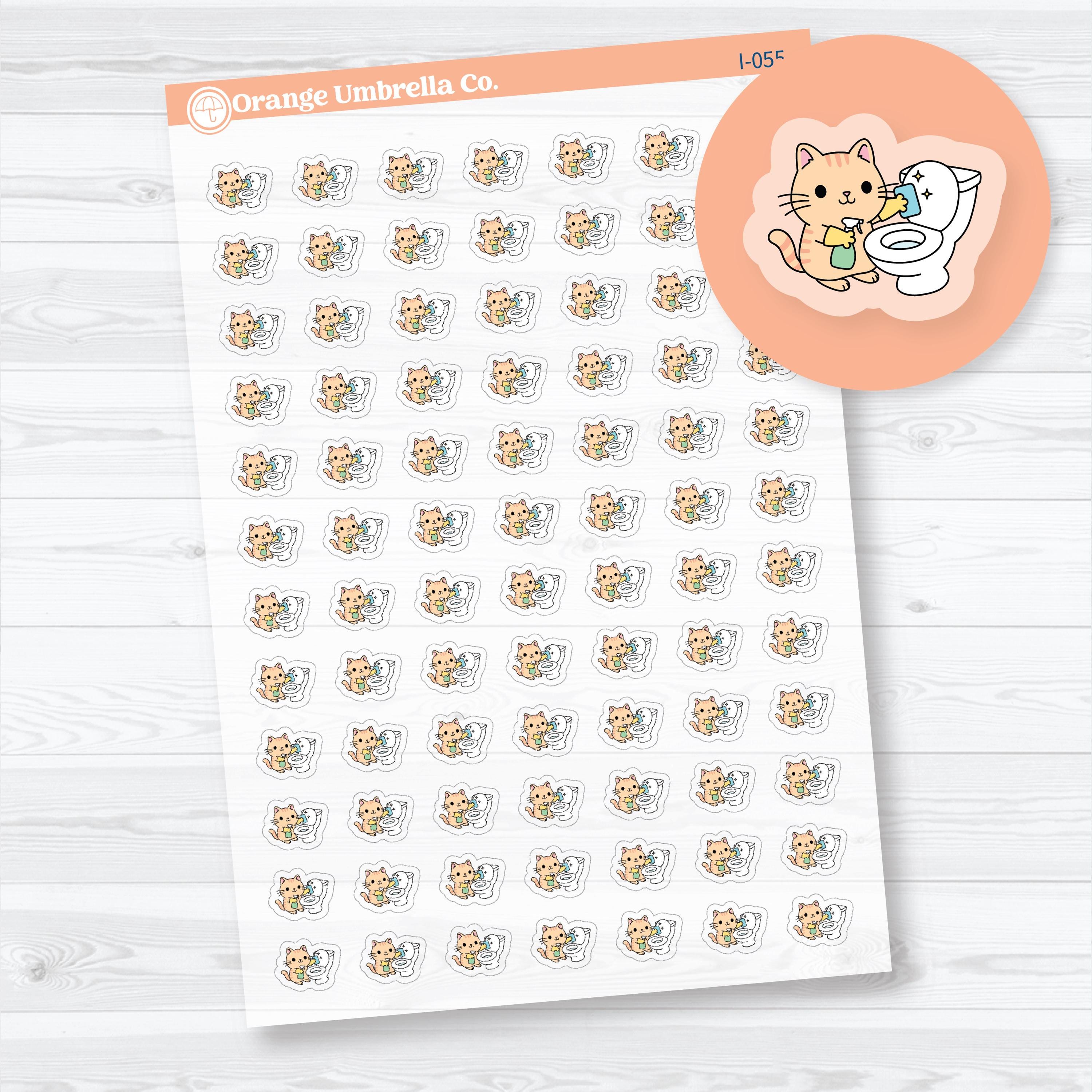 Mini Spazz clean bathroom planner icon stickers featuring an adorable orange cat cleaning a toilet for chore schedules, household cleaning routines, and planners on clear matte sticker paper.