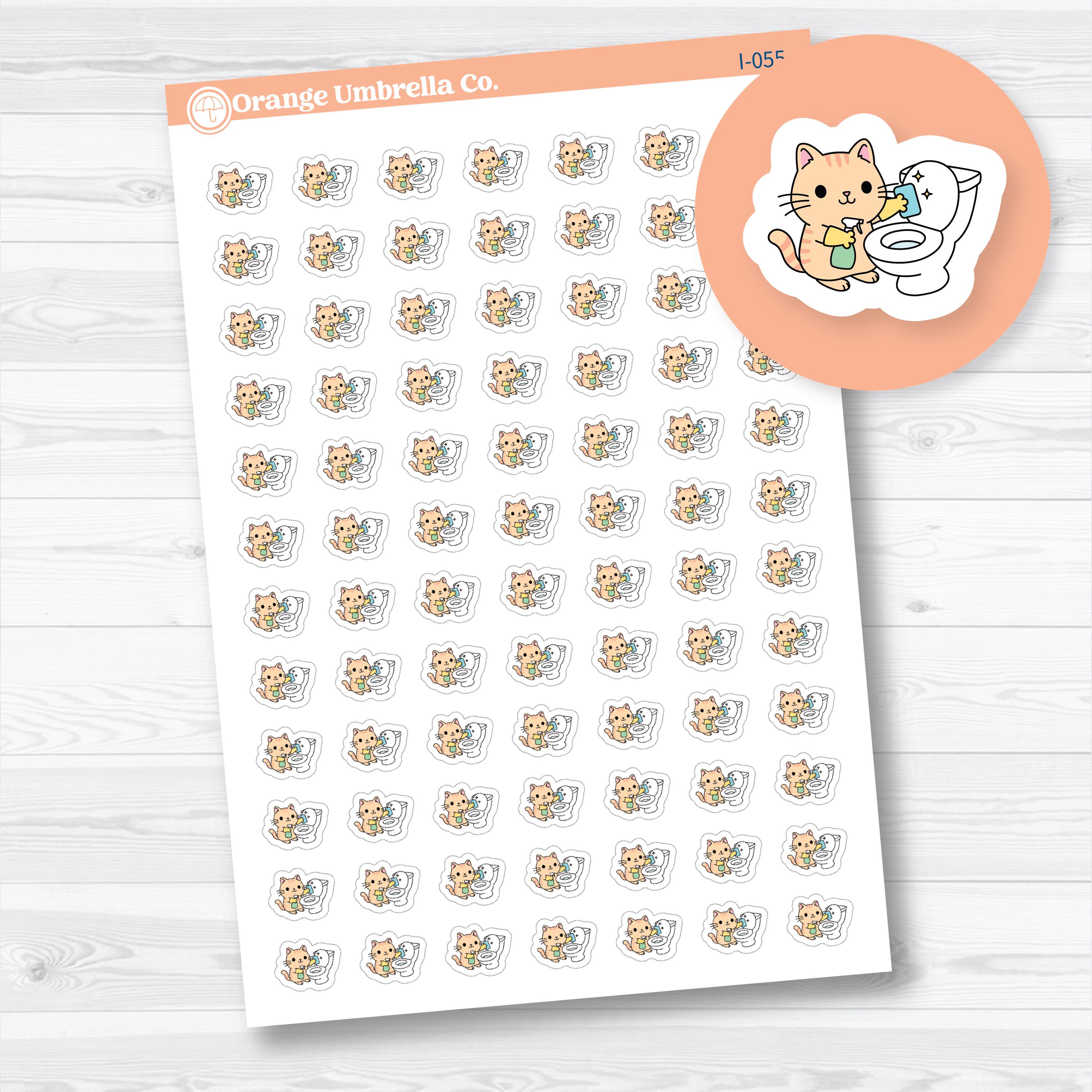 Mini Spazz clean bathroom planner icon stickers featuring an adorable orange cat cleaning a toilet for chore schedules, household cleaning routines, and planners on removable white matte sticker paper.