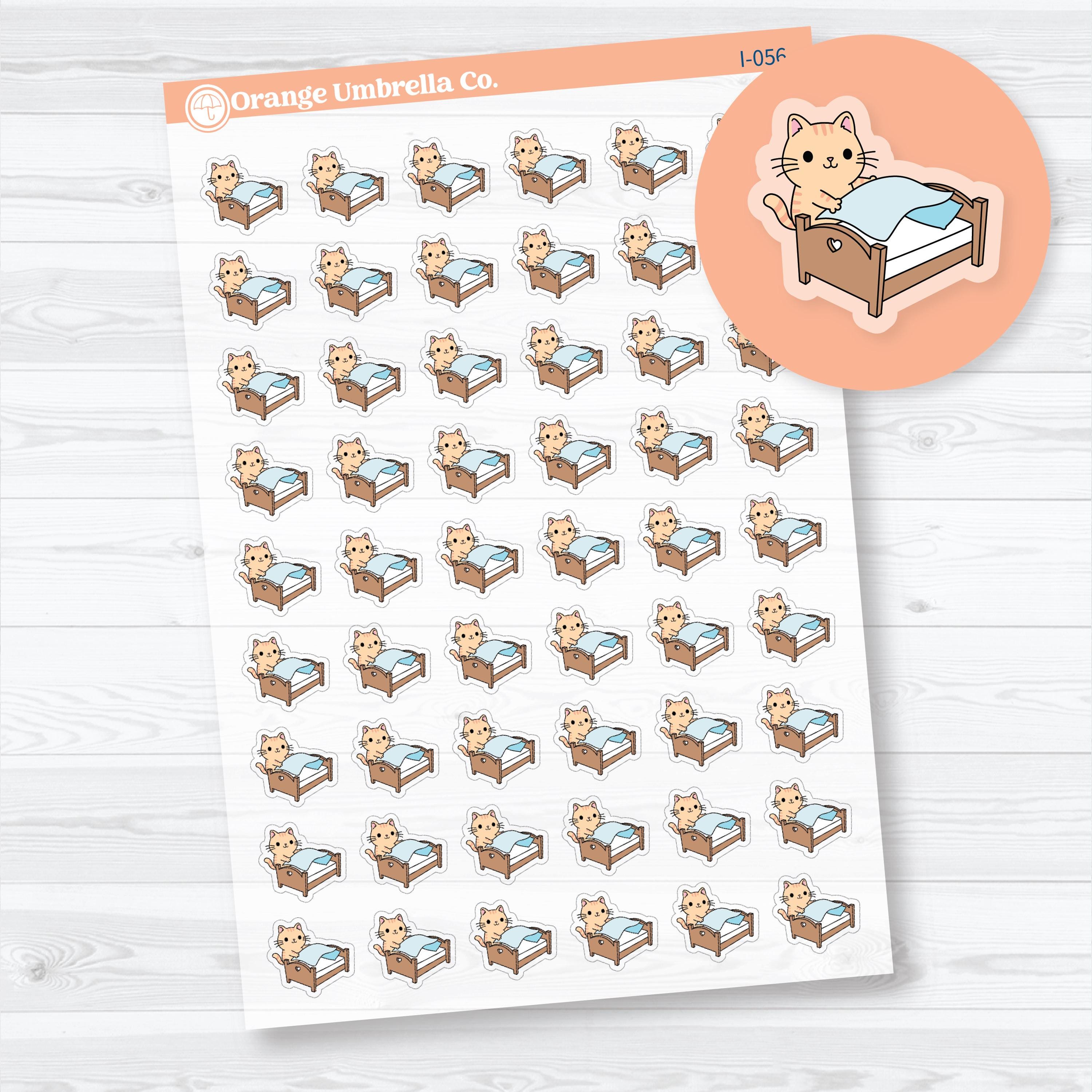 Mini Spazz make bed planner icon stickers featuring an adorable orange cat making a bed for tracking bedding chores, laundry routines, and household cleaning on clear matte sticker paper.
