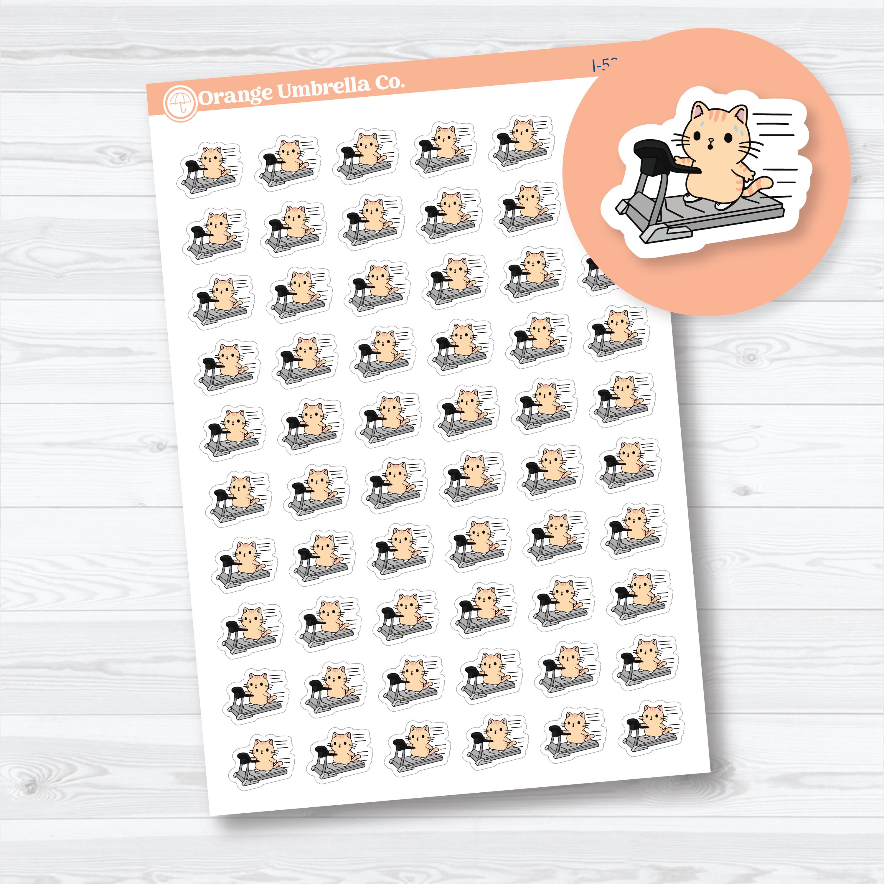 Mini treadmill Spazz planner stickers with cute workout cat icons for fitness planners, wellness journals, and functional planning spreads by Orange Umbrella Co
