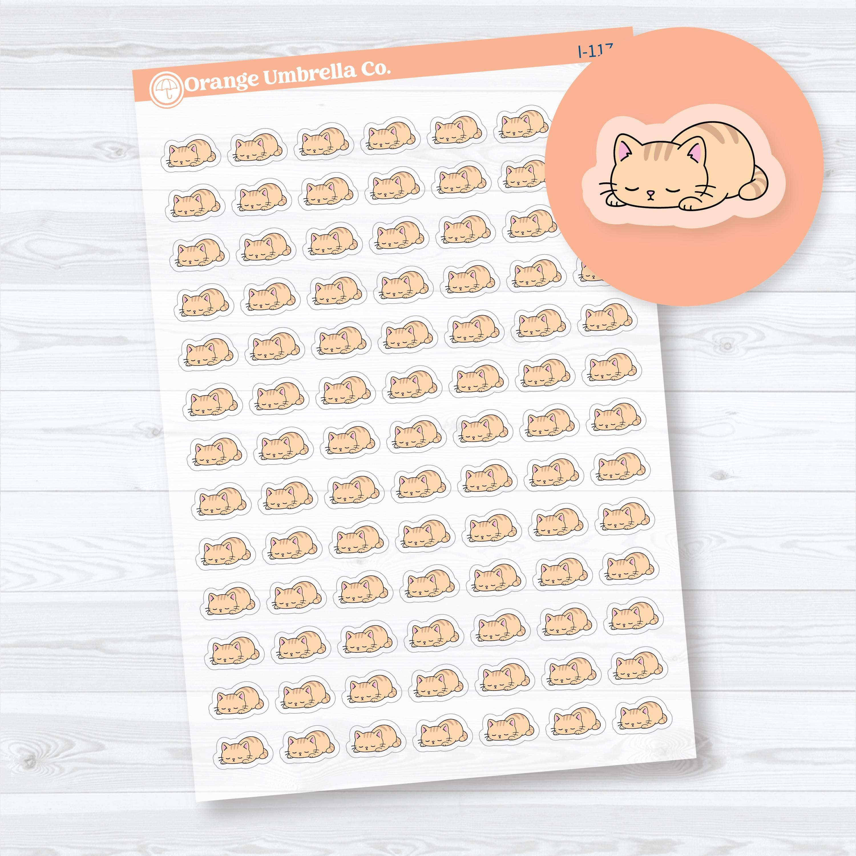 Mini Tired Spazz clear matte planner stickers featuring a sleeping cat curled up for naps, rest days, self-care, and planner tracking.