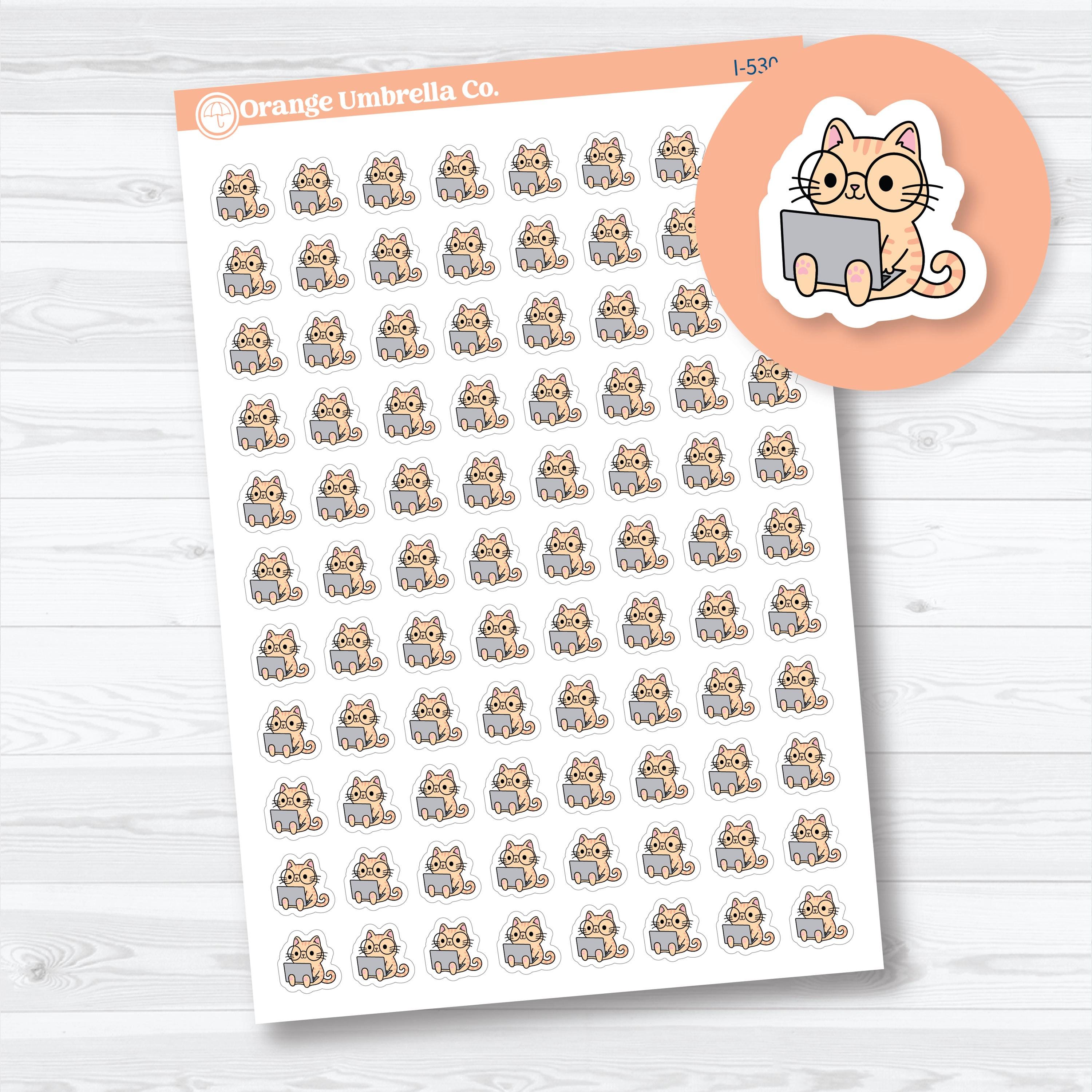 mini working computer spazz planner stickers kawaii cat icon using laptop for tracking work and productivity.