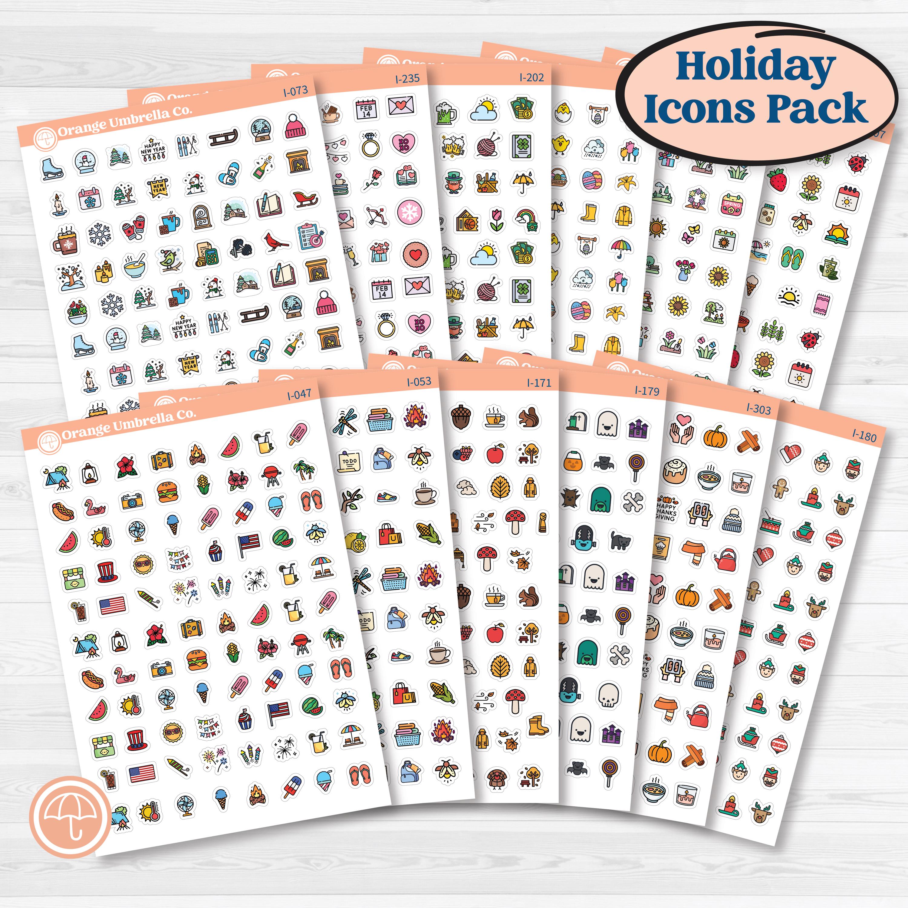 Bundle of 12 monthly holiday planner icon sticker sheets featuring seasonal icons for year-round planners, calendars, journals, and memory keeping.