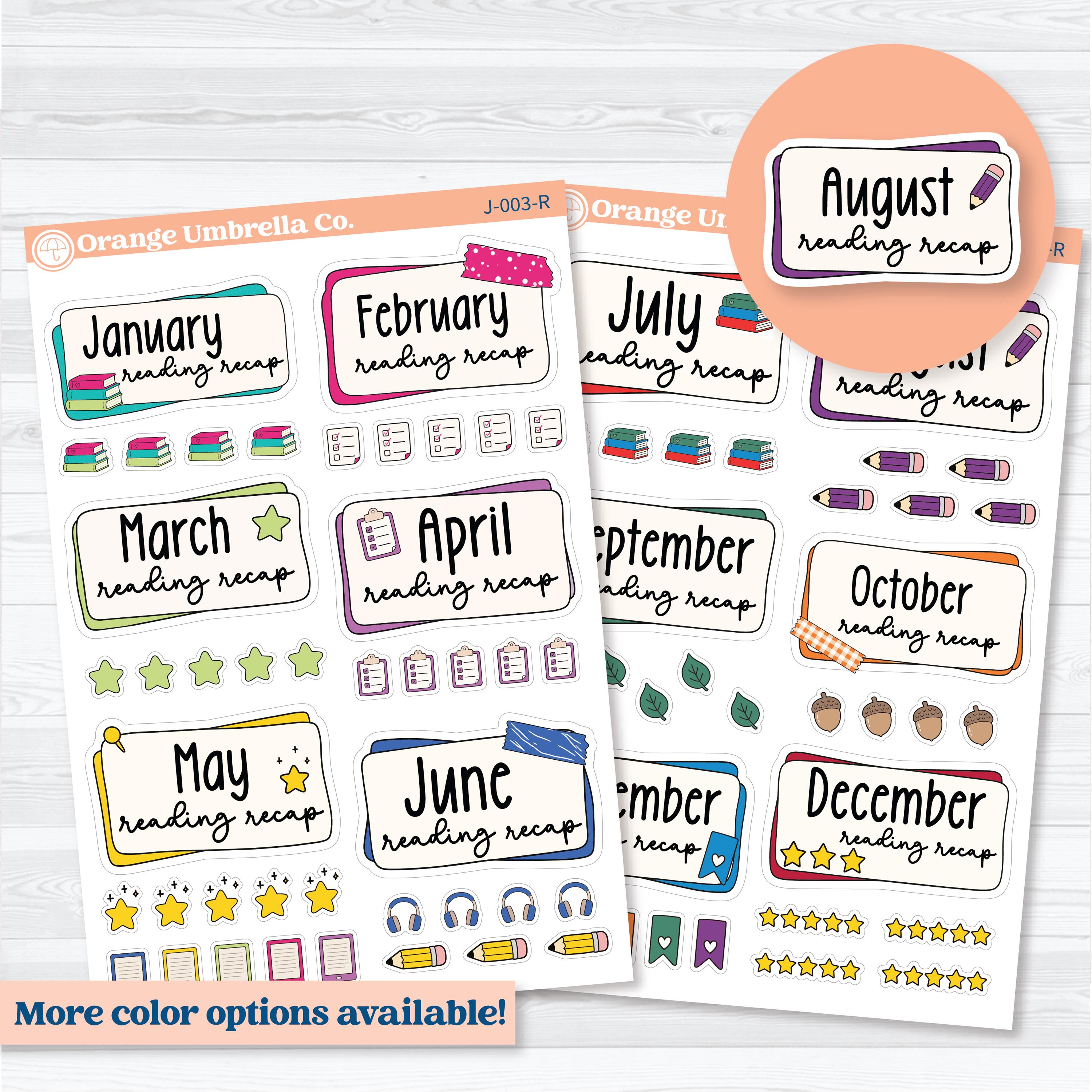 Monthly reading recap planner stickers for reading journals with layered labels, rating icons, and cozy pastel book tracking designs by Orange Umbrella Co
