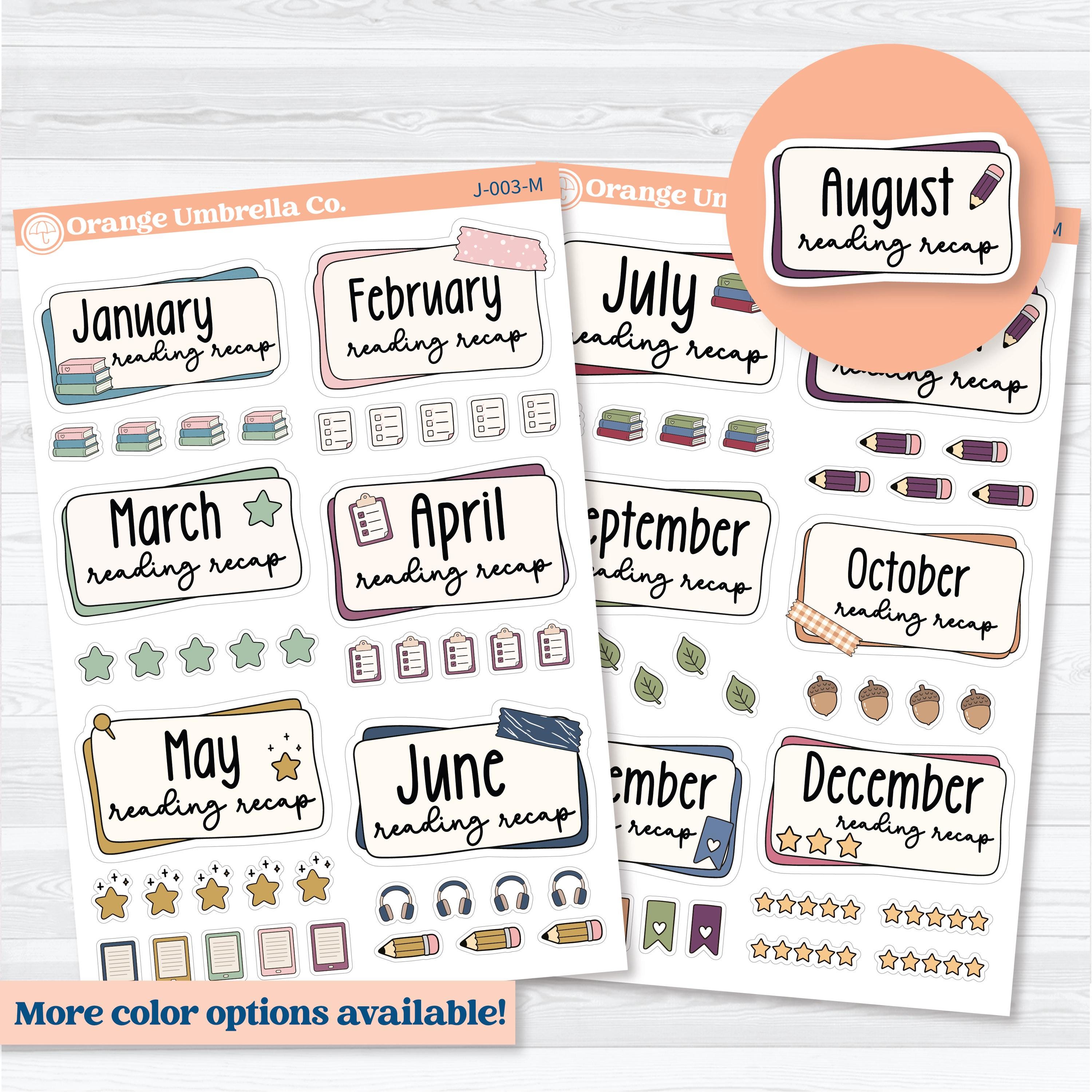 Monthly reading recap planner stickers for reading journals with layered labels, rating icons, and cozy pastel book tracking designs by Orange Umbrella Co