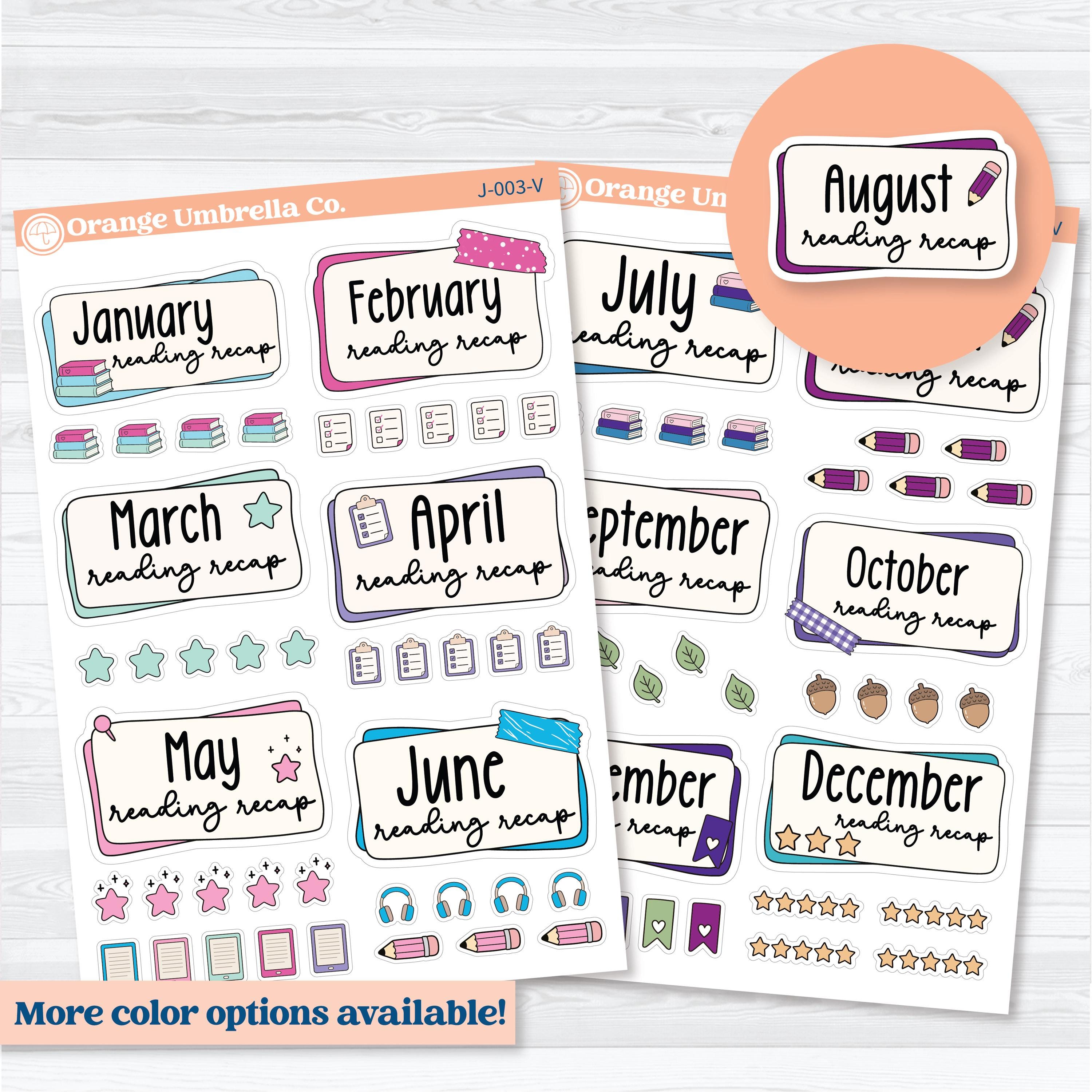 Monthly reading recap planner stickers for reading journals with layered labels, rating icons, and cozy pastel book tracking designs by Orange Umbrella Co