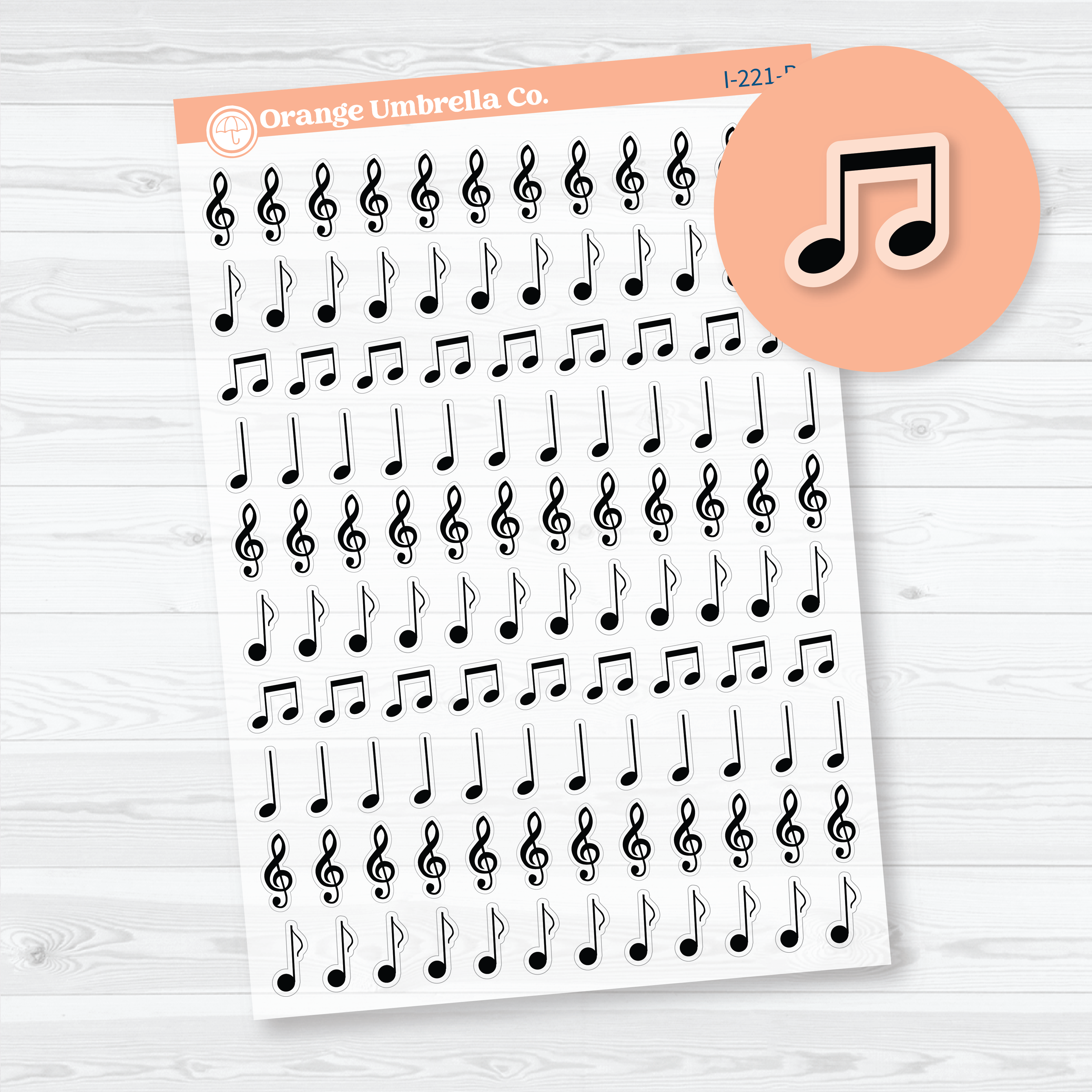 Clear matte Musical Notes Icon Planner Stickers featuring assorted music note symbols for concerts, choir, band, orchestra, music lessons, recitals, and planner organization.
