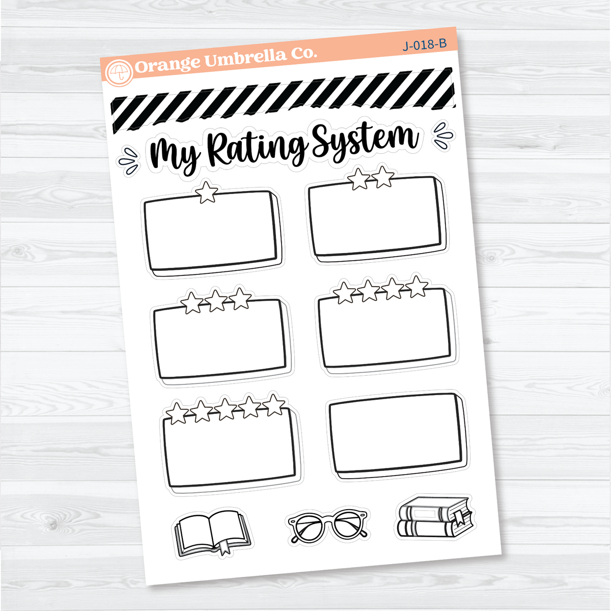 Black outline My Rating System white matte stickers with star-labelled writing boxes and reading accents for a personal book rating key.