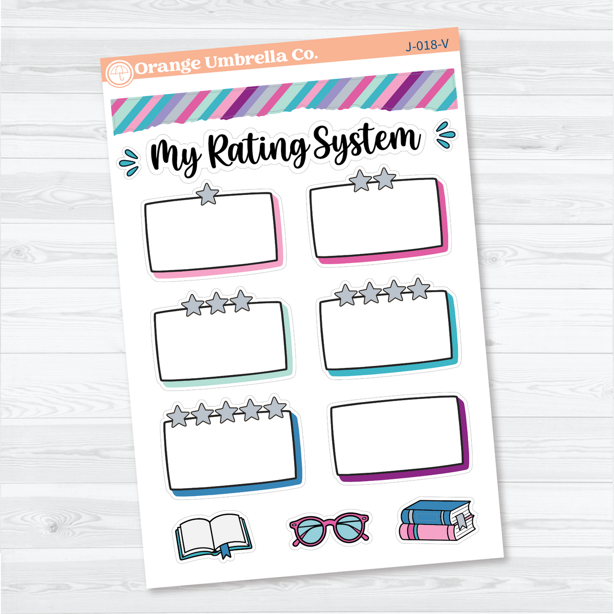 Vibrant My Rating System white matte stickers with star-labelled writing boxes, striped washi, and reading accents.
